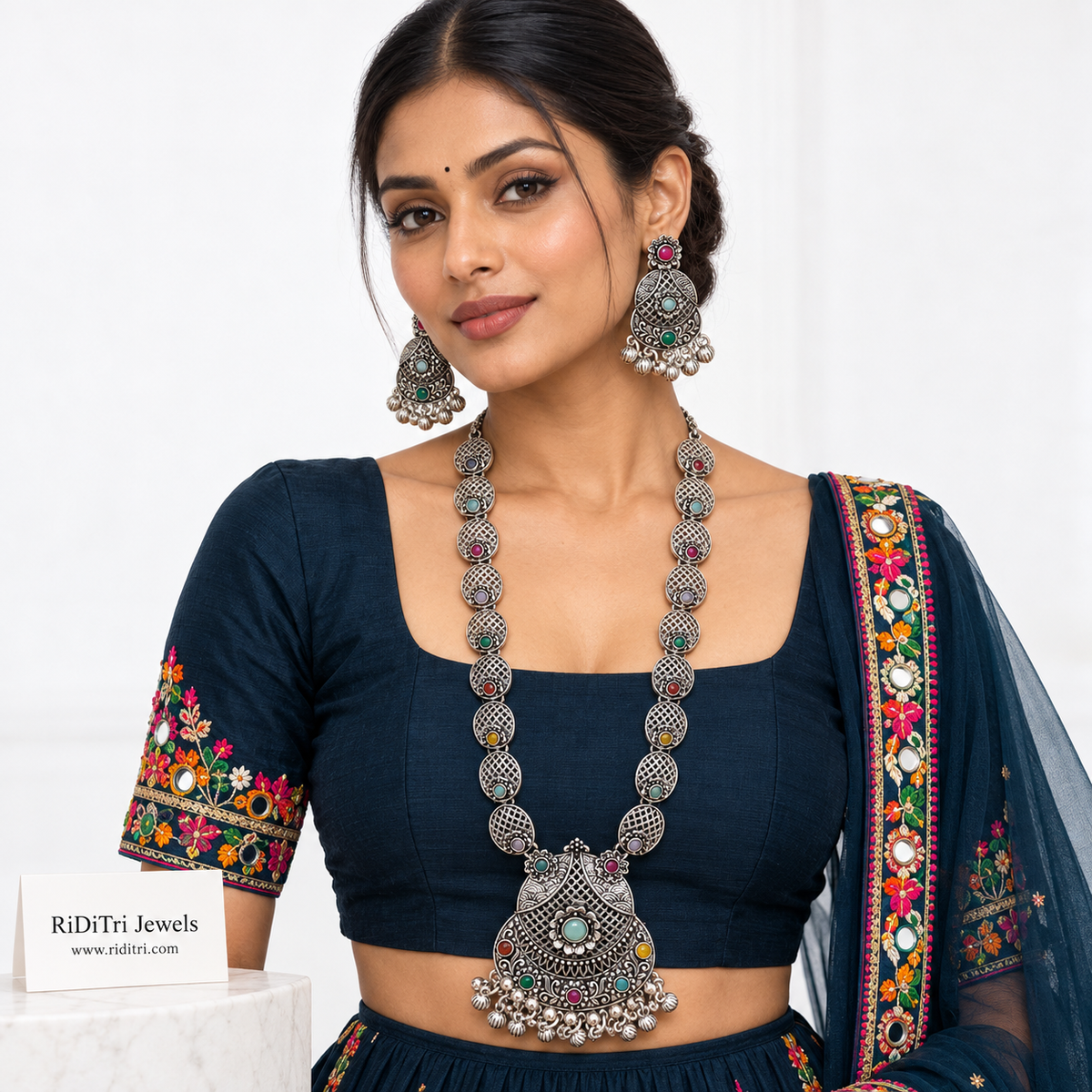 Jaali oxidised long necklace set with earrings, view 3