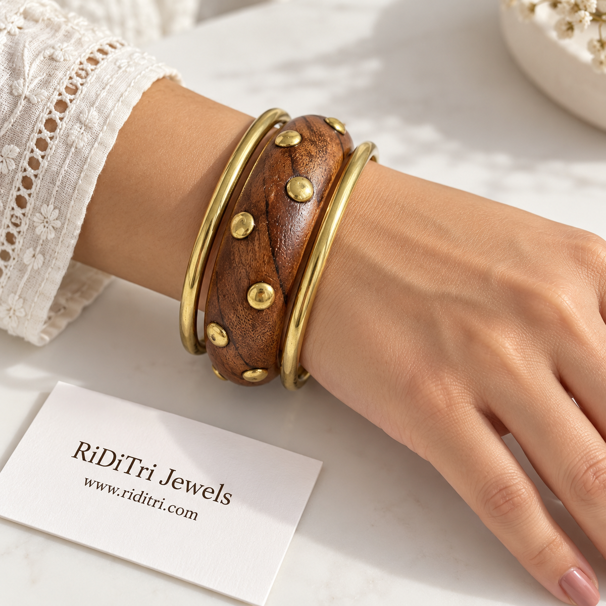 Vanika studded wooden and gold-toned bangles set of 3, view 2