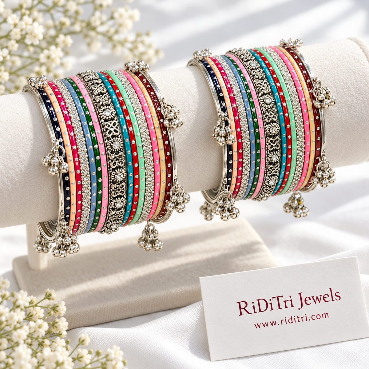 Rangeen Kashmiri ghungroo silver-toned multi stone bangle set for both hands, view 2