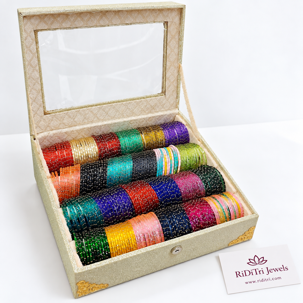 Raindrop Bangles Box 24 Dozen – 4-roll glitter bangle storage box with window lid holding 24 colours of glass bangles, view 3