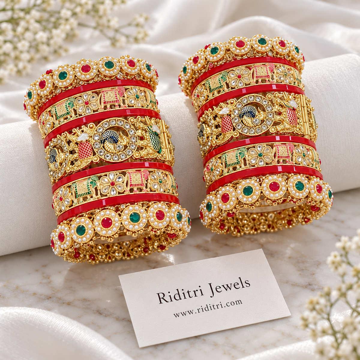 Rajwadi bridal chooda set with gold-toned pearl and red-green stone bangles, meenakari elephant bangles, peacock kada and red bangles by Riditri