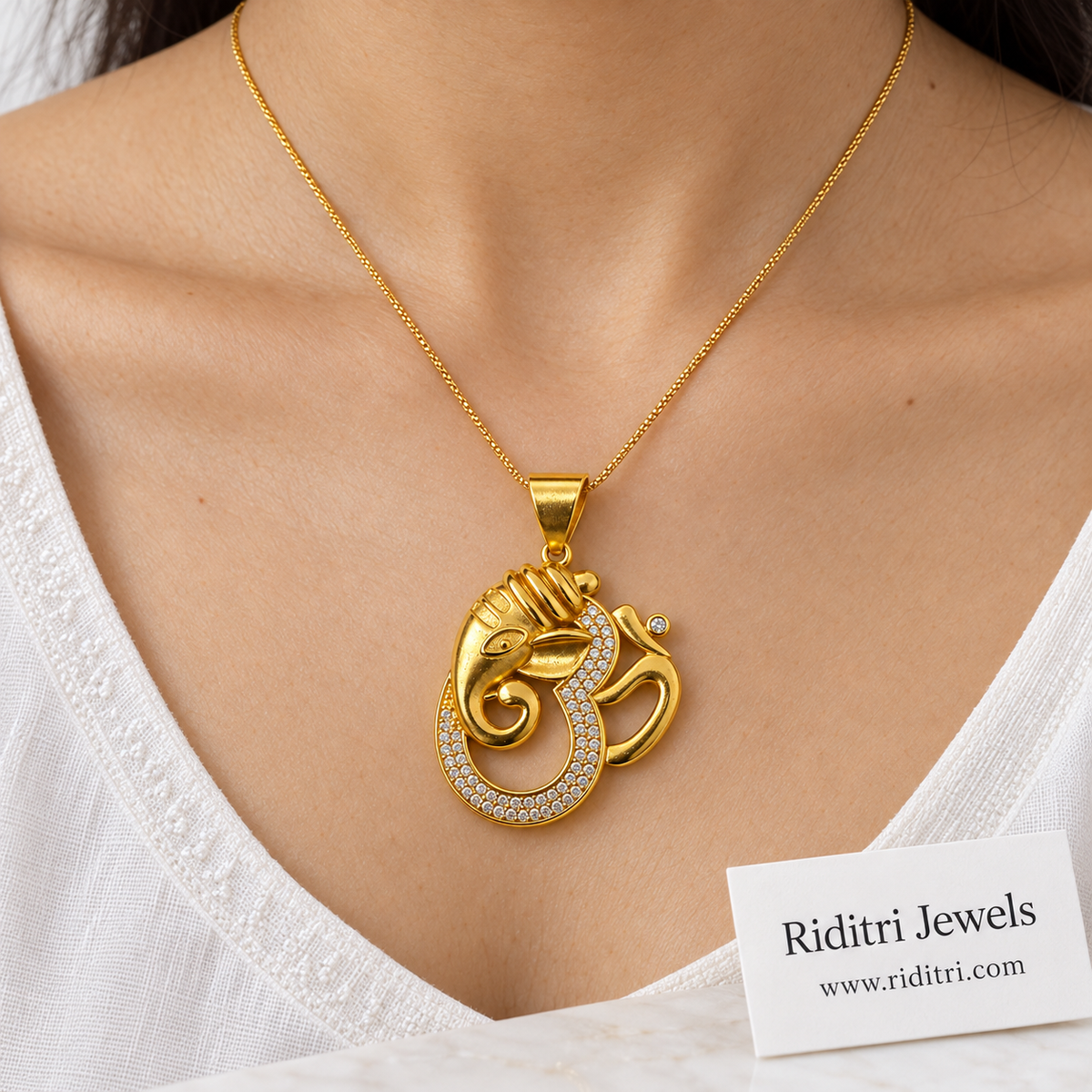 Om Ganesha Gold Pendant – spiritual gold-toned pendant for daily wear and gifting, view 3