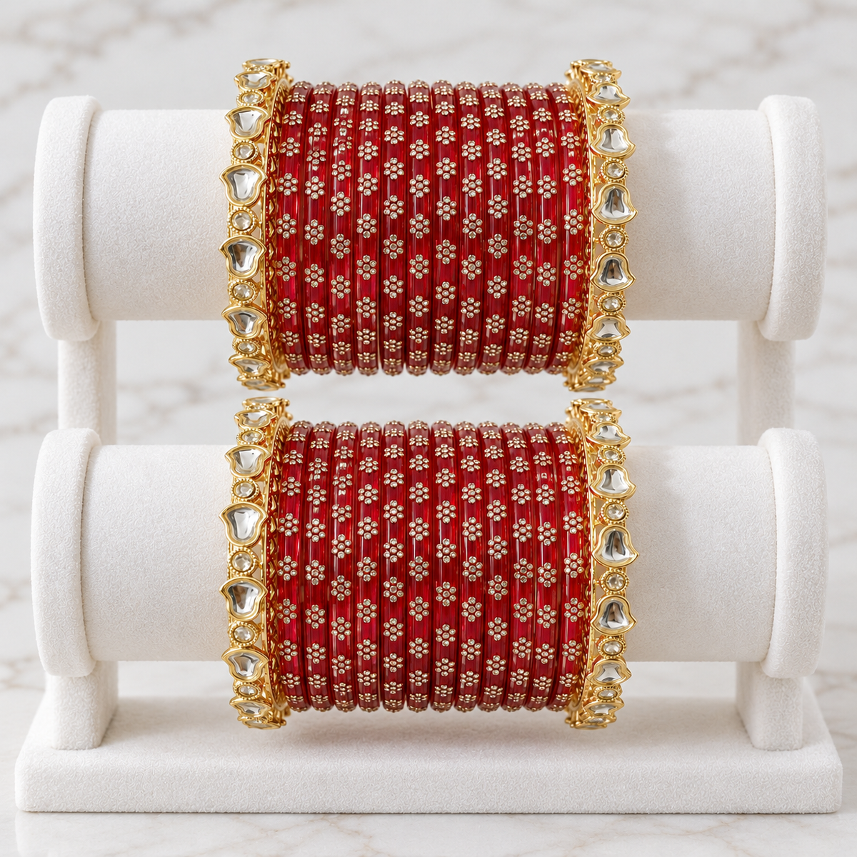 Red Glass Bangles Set with Stone Kadas