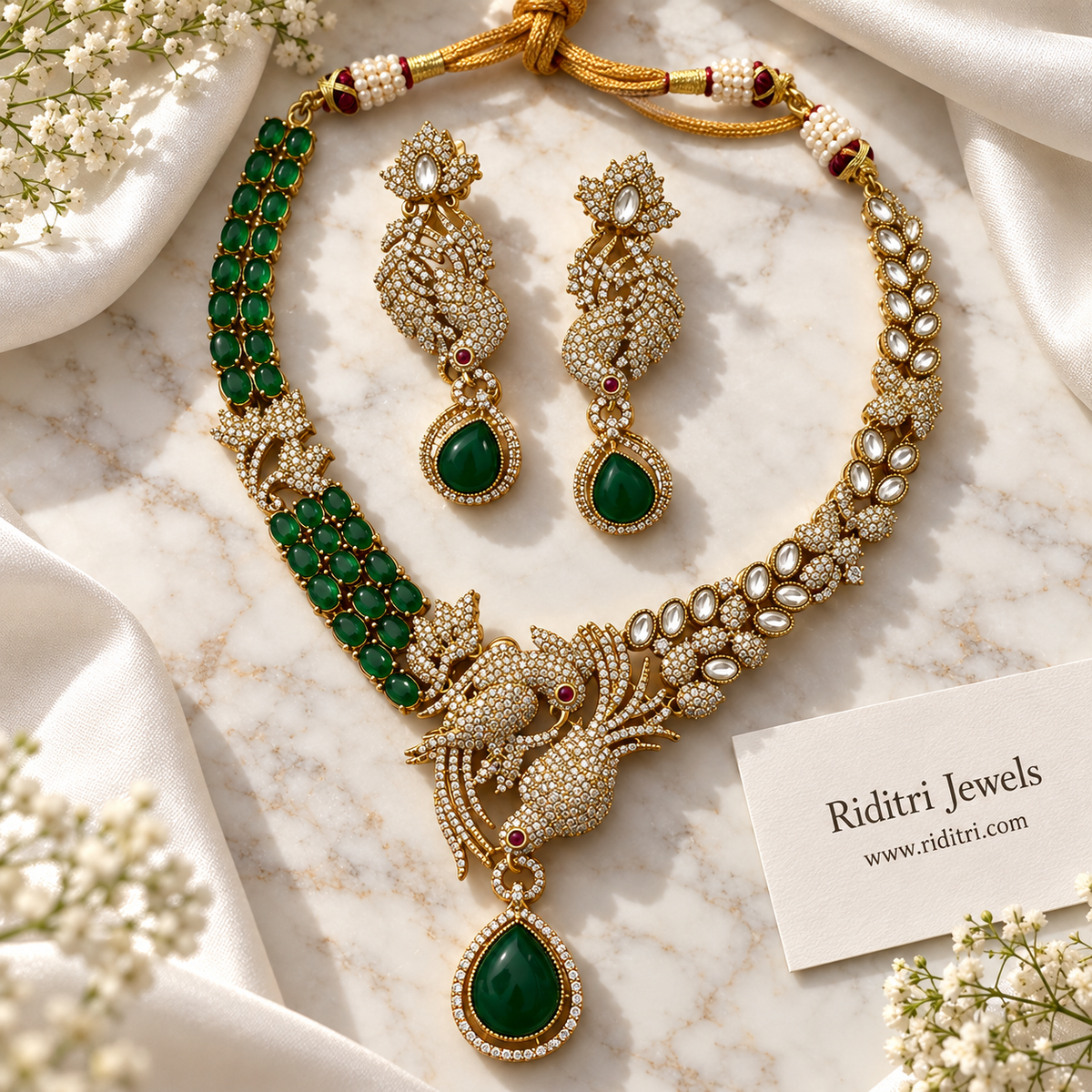 Noor Twin Bird Necklace Set – Emerald Green