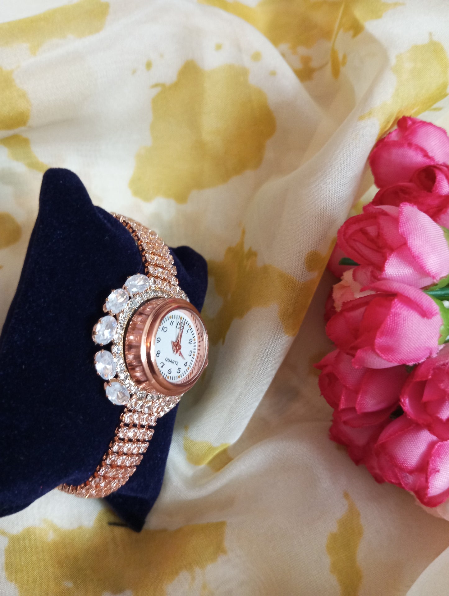 Quartz Stone Studded Rose Gold Watch