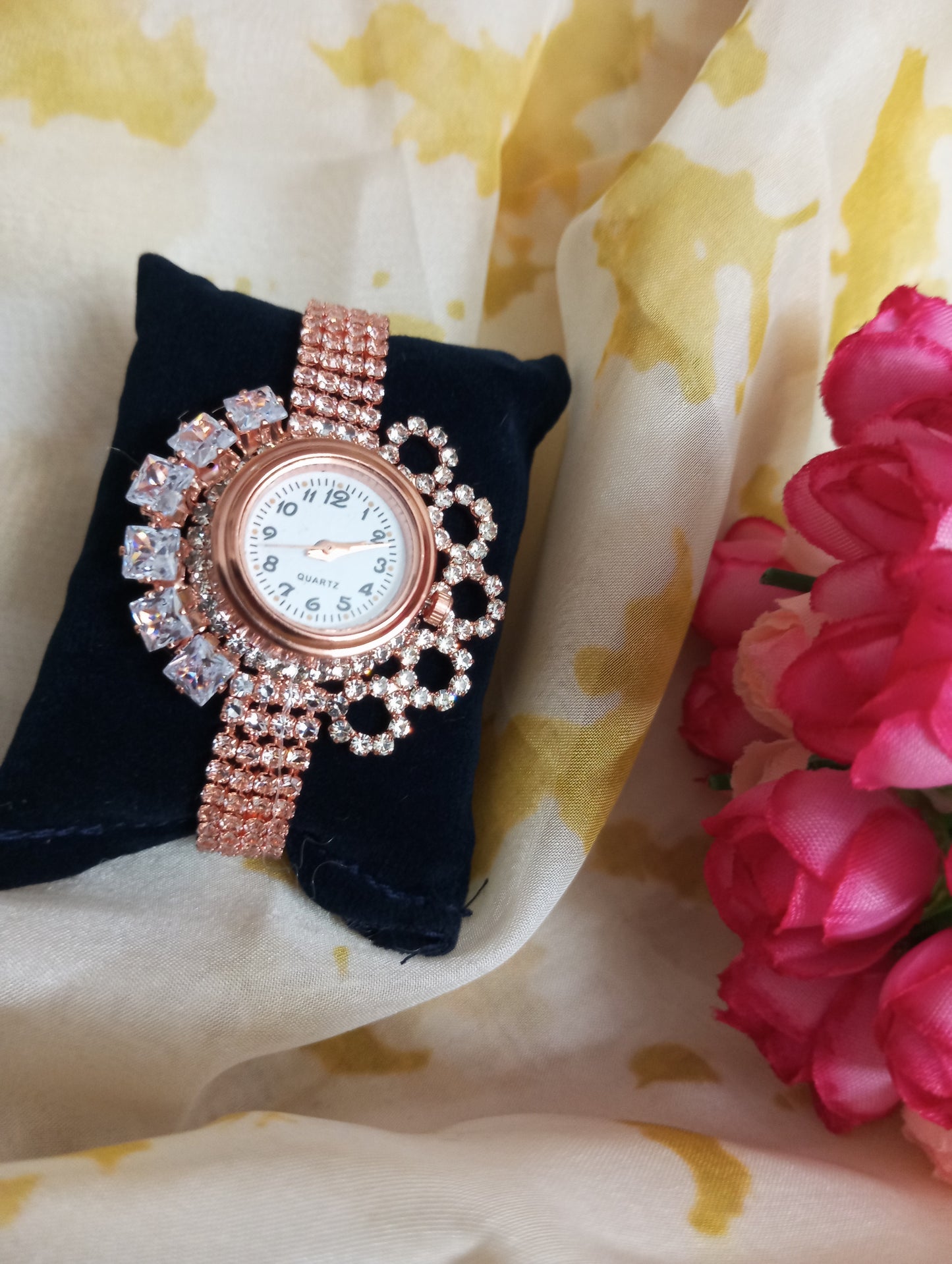 Quartz Stone Studded Rose Gold Watch