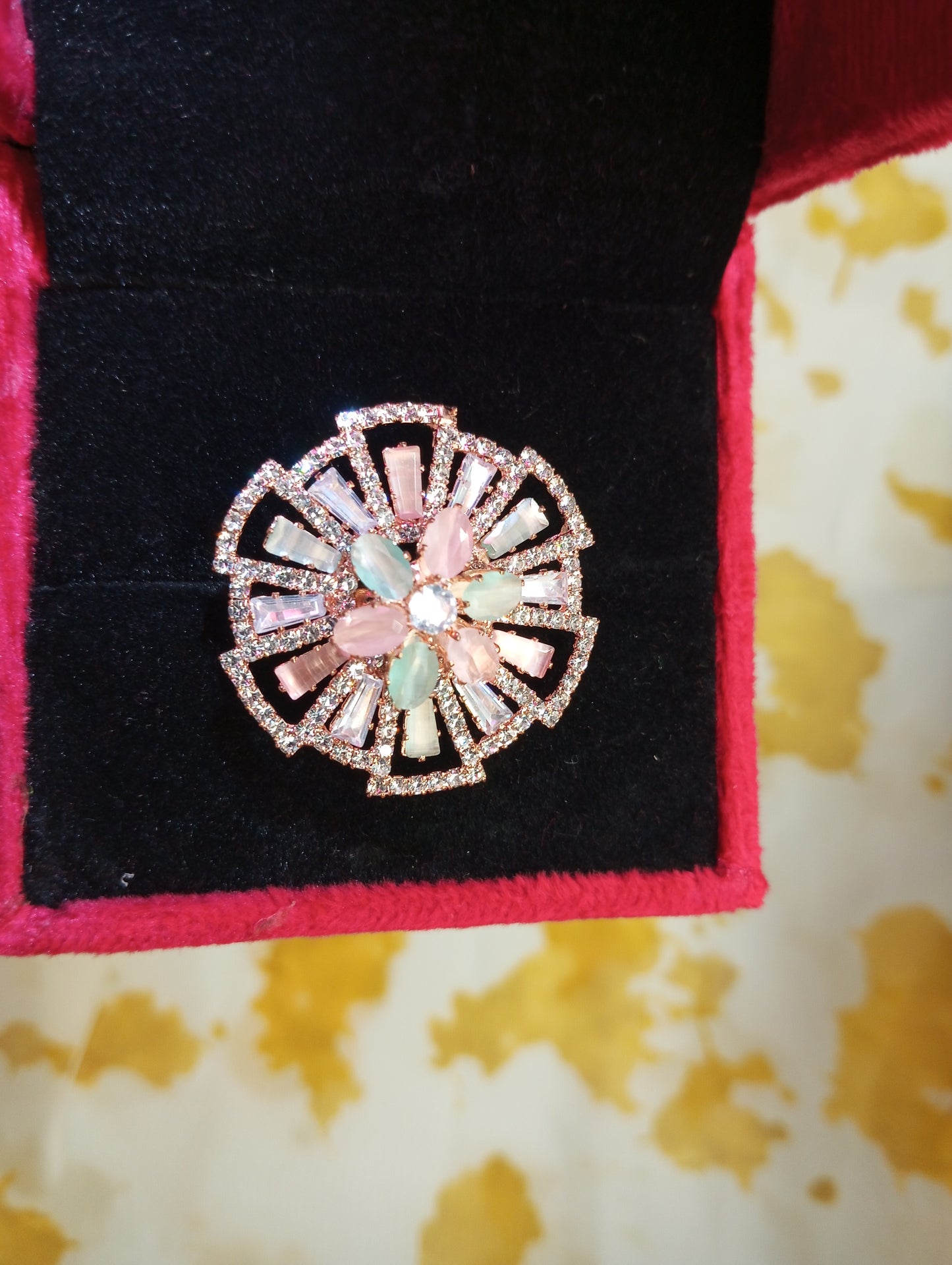 Adjustable American Diamond Ring- Pink and Mint Green Pastel Colors Medium Size