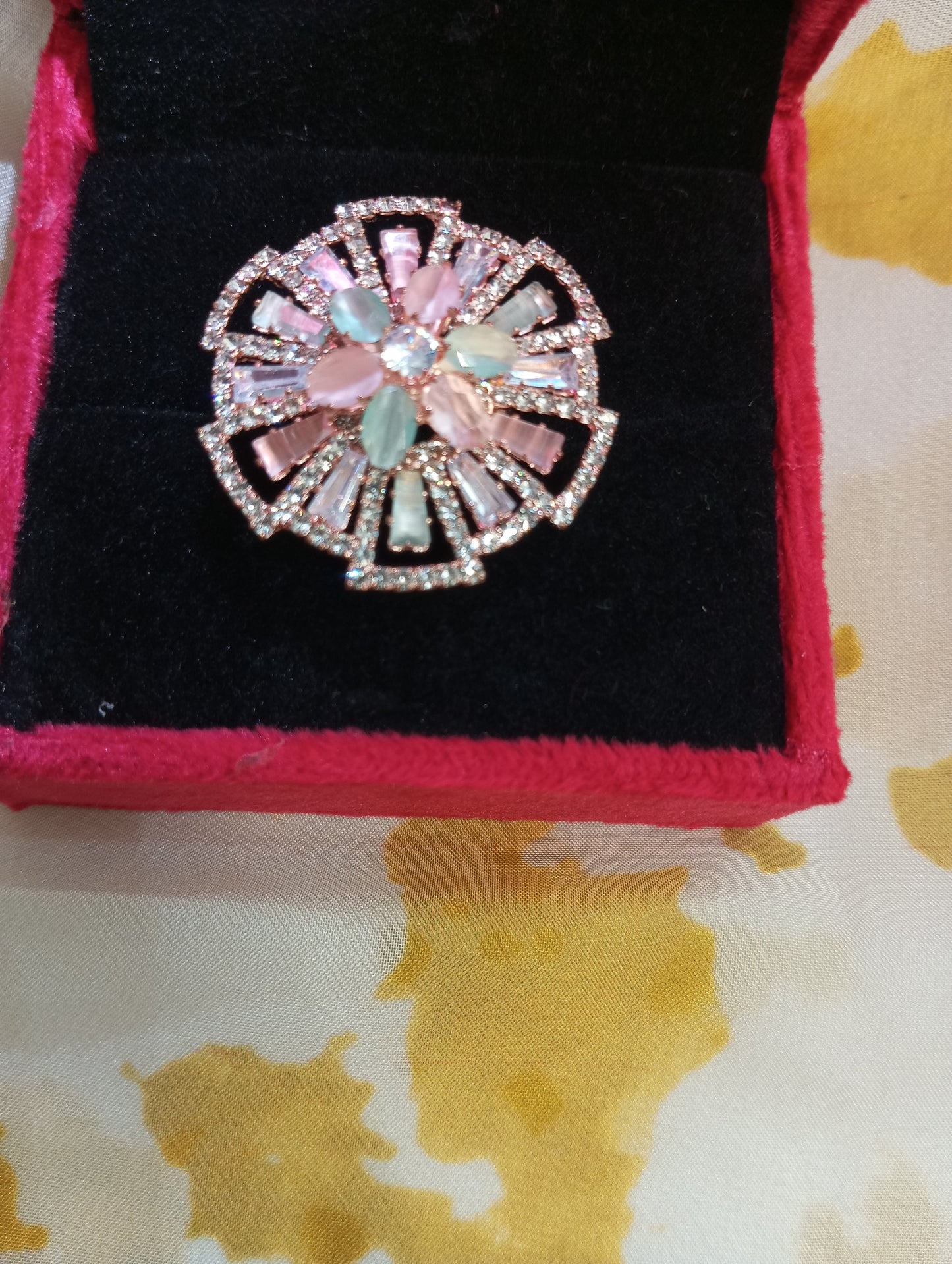Adjustable American Diamond Ring- Pink and Mint Green Pastel Colors Medium Size