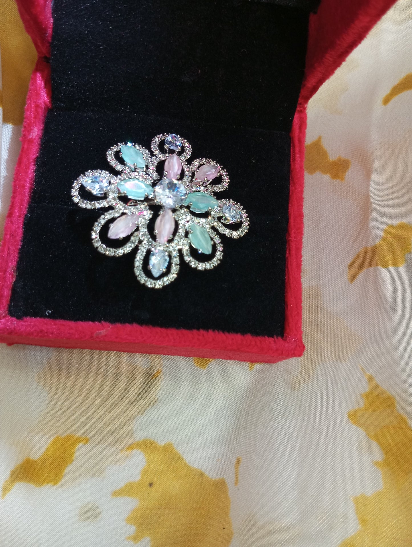 Adjustable American Diamond Cocktail Ring- Pink and Mint Green Pastel Colors with Silver Touch Medium Size