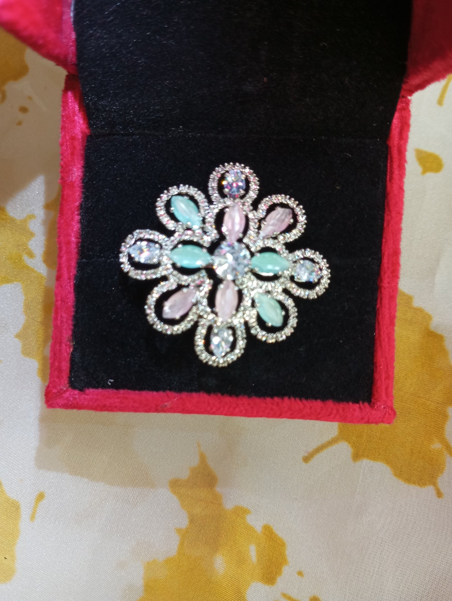 Adjustable American Diamond Cocktail Ring- Pink and Mint Green Pastel Colors with Silver Touch Medium Size