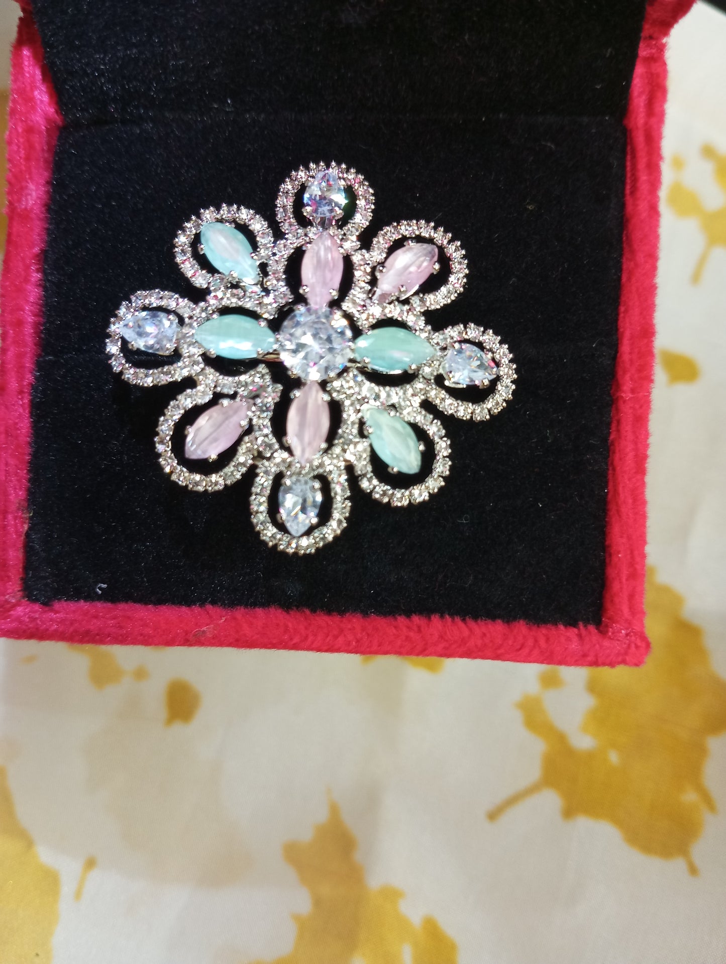 Adjustable American Diamond Cocktail Ring- Pink and Mint Green Pastel Colors with Silver Touch Medium Size