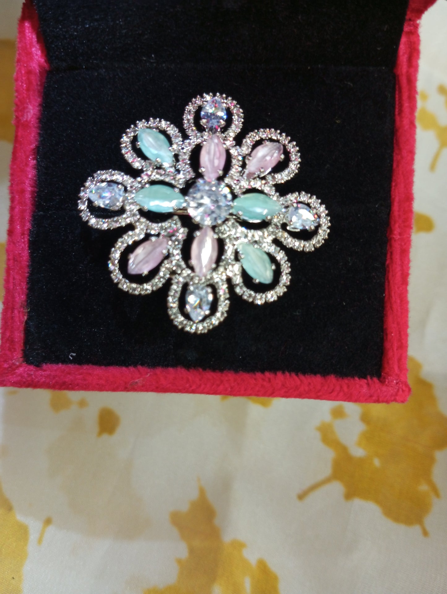 Adjustable American Diamond Cocktail Ring- Pink and Mint Green Pastel Colors with Silver Touch Medium Size