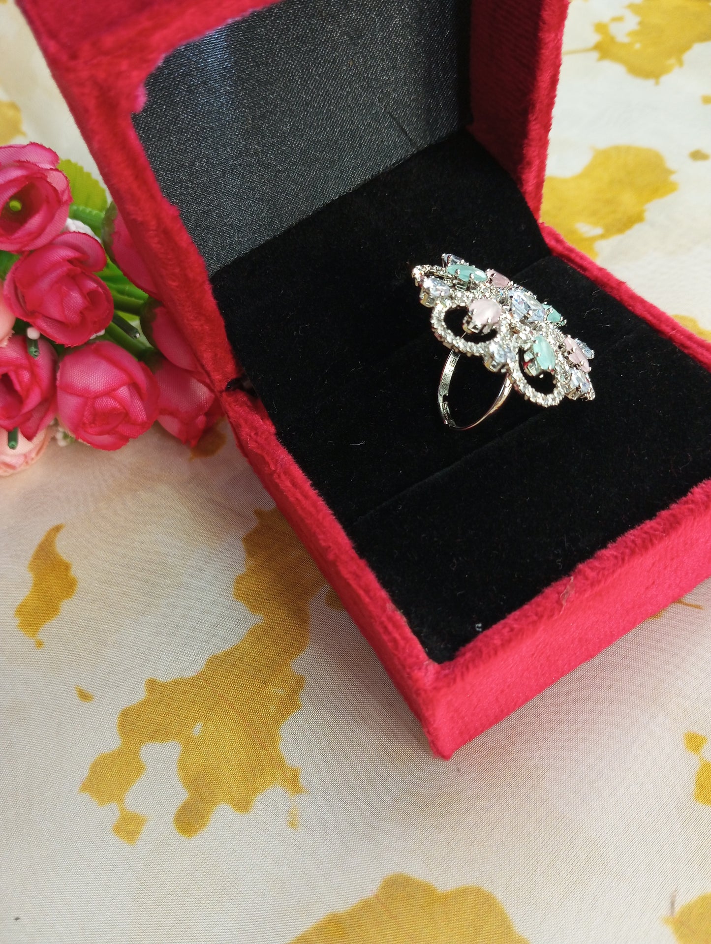 Adjustable American Diamond Cocktail Ring Flower- Pink and Mint Green Pastel Colors
