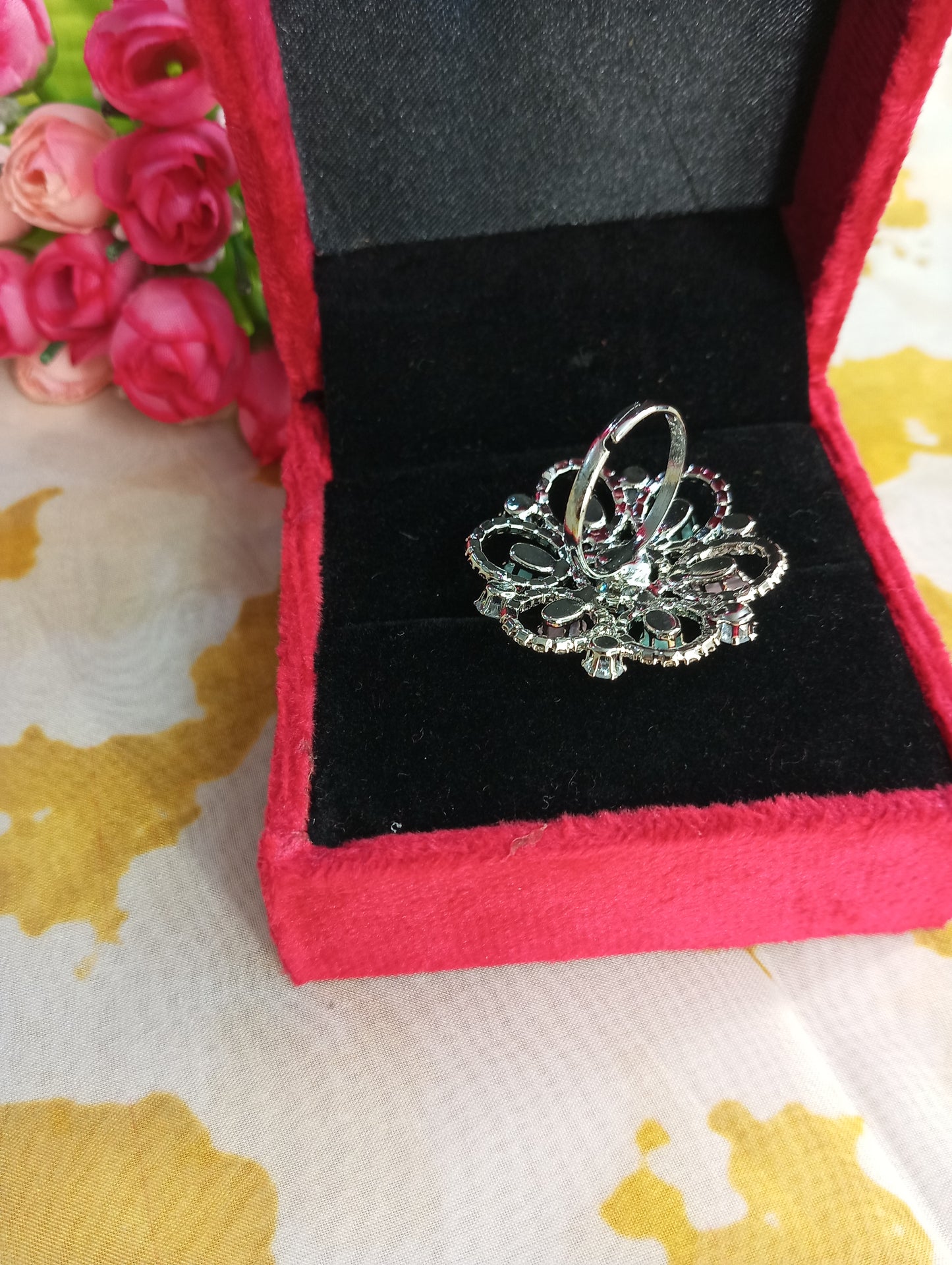 Adjustable American Diamond Cocktail Ring Flower- Pink and Mint Green Pastel Colors