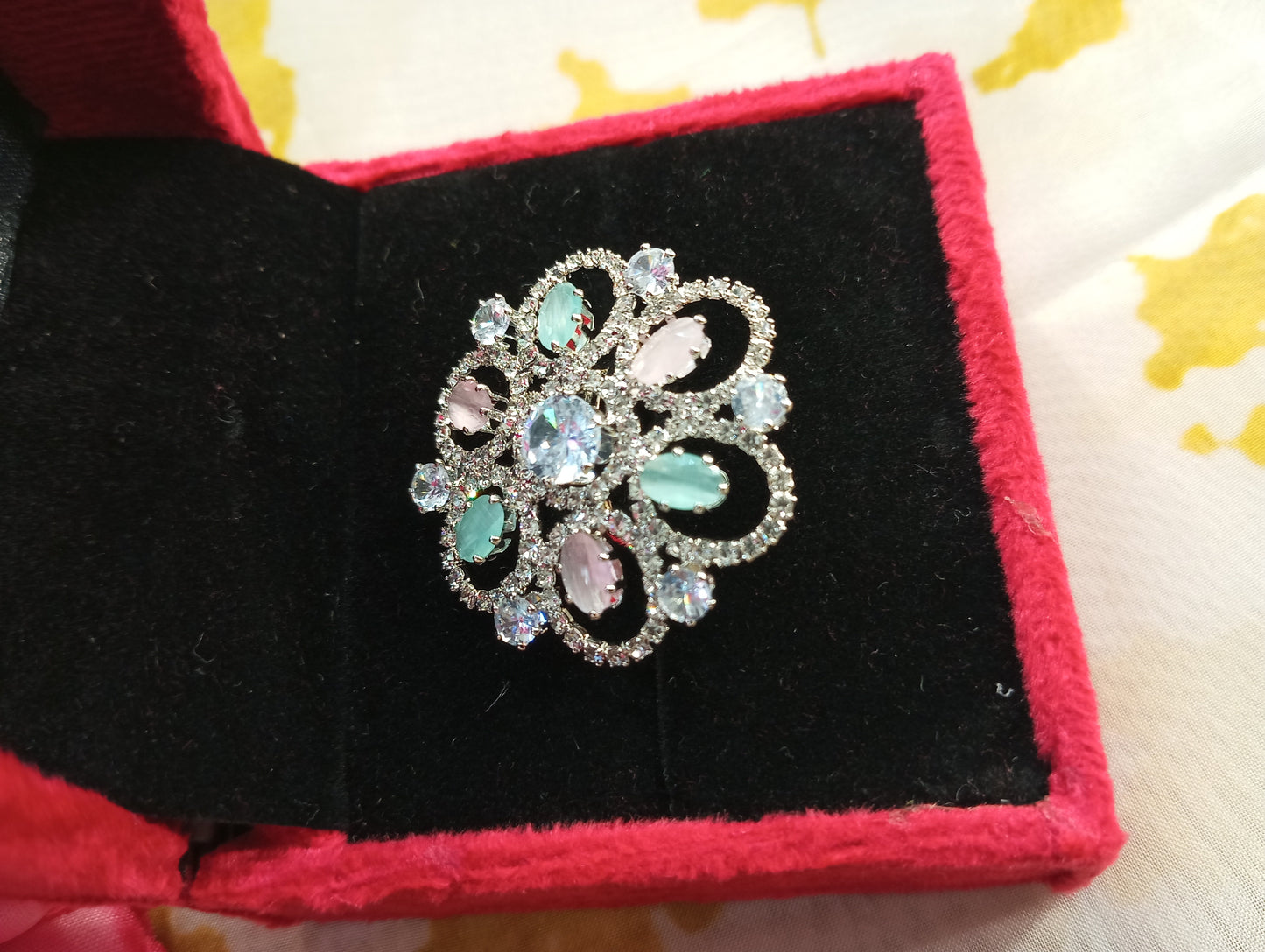 Adjustable American Diamond Cocktail Ring Flower- Pink and Mint Green Pastel Colors