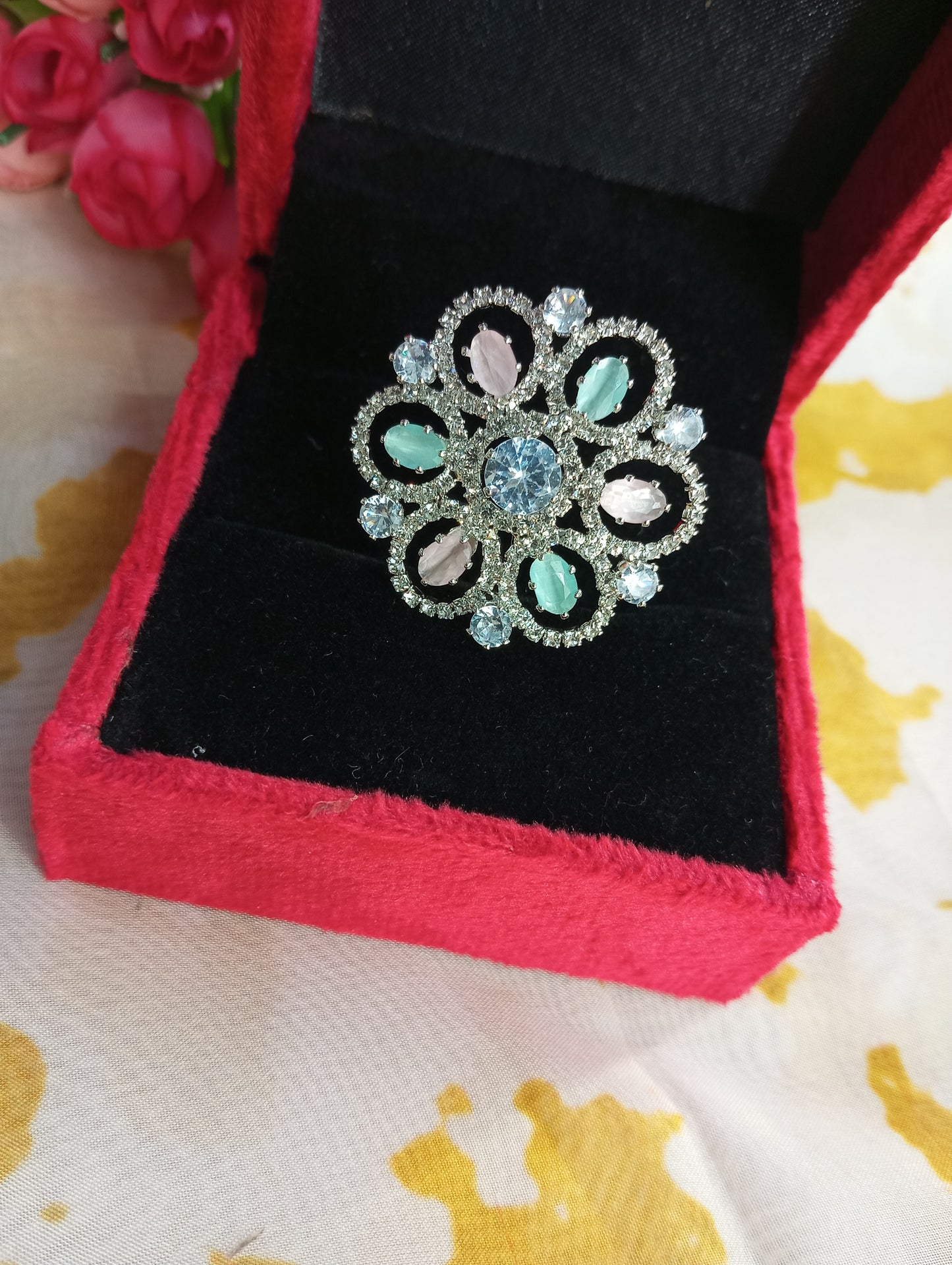 Adjustable American Diamond Cocktail Ring Flower- Pink and Mint Green Pastel Colors