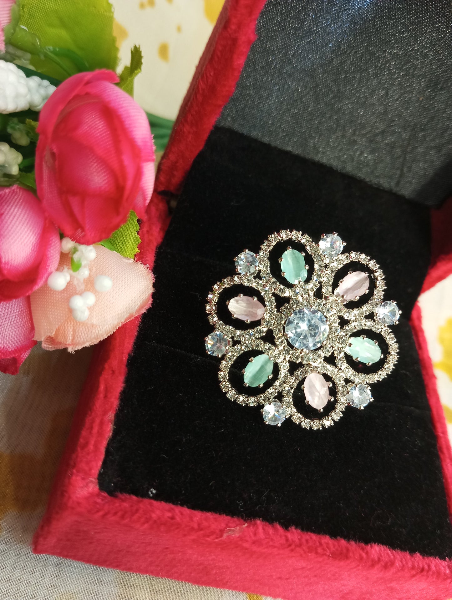 Adjustable American Diamond Cocktail Ring Flower- Pink and Mint Green Pastel Colors