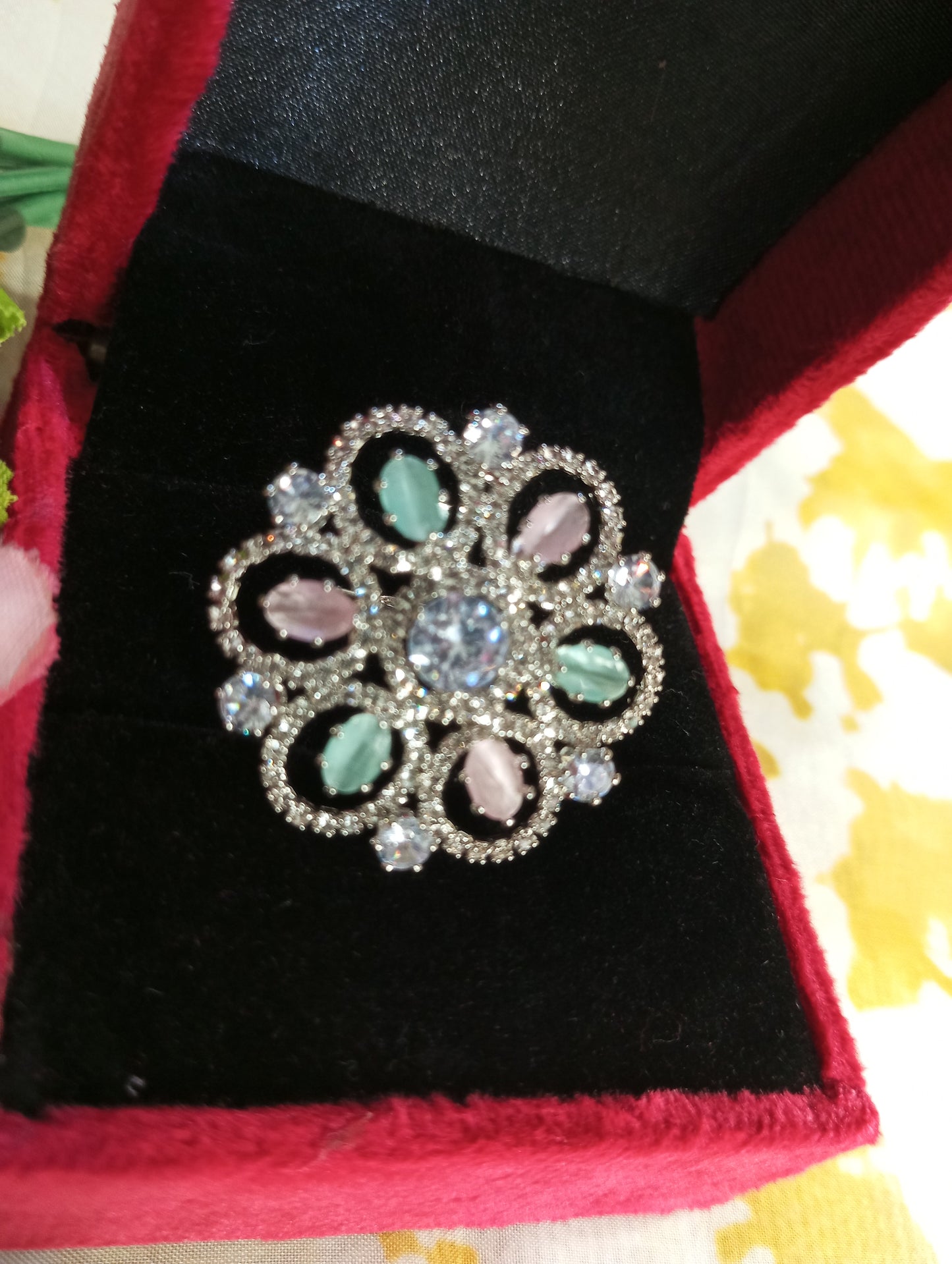 Adjustable American Diamond Cocktail Ring Flower- Pink and Mint Green Pastel Colors