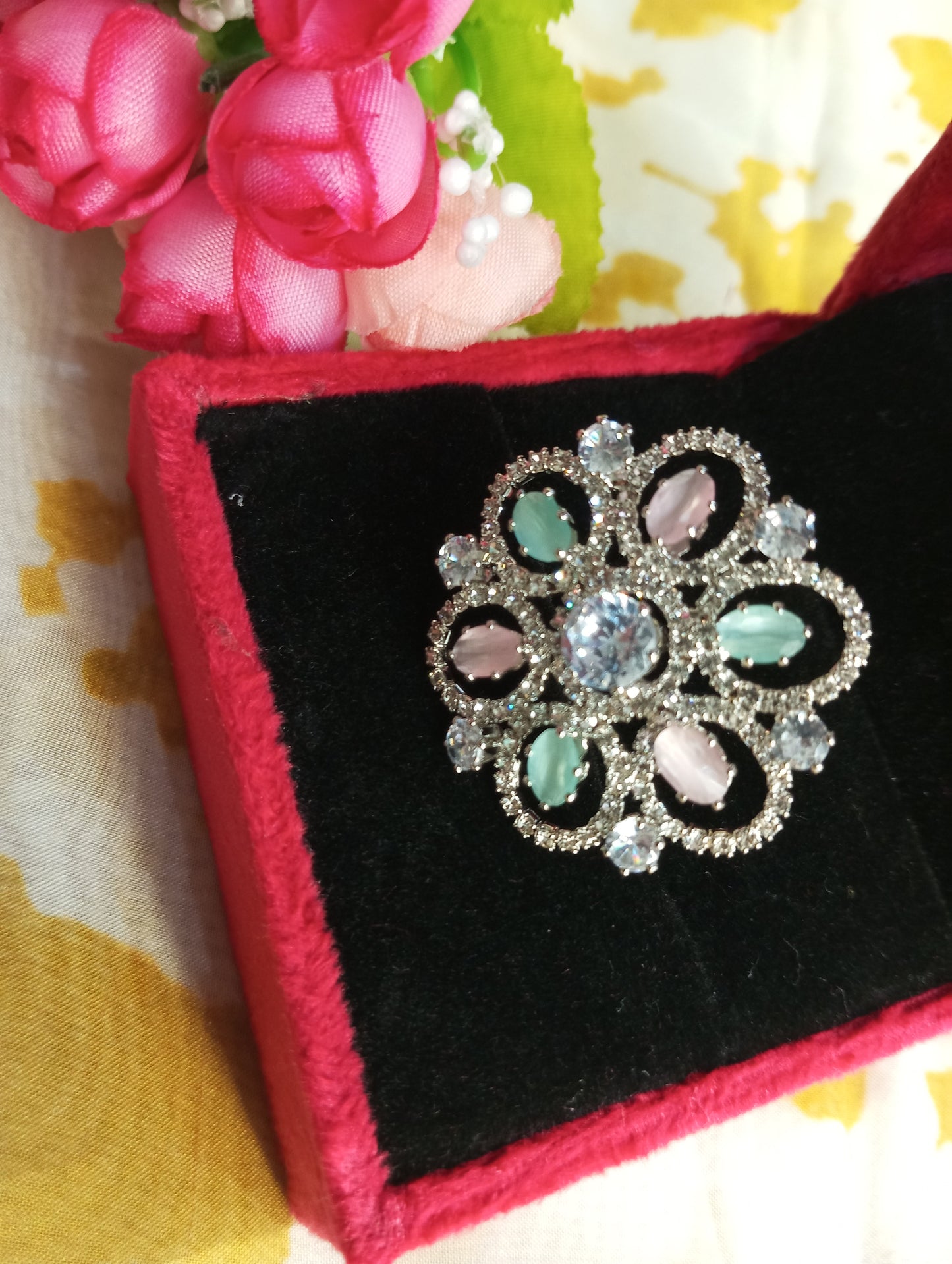Adjustable American Diamond Cocktail Ring Flower- Pink and Mint Green Pastel Colors