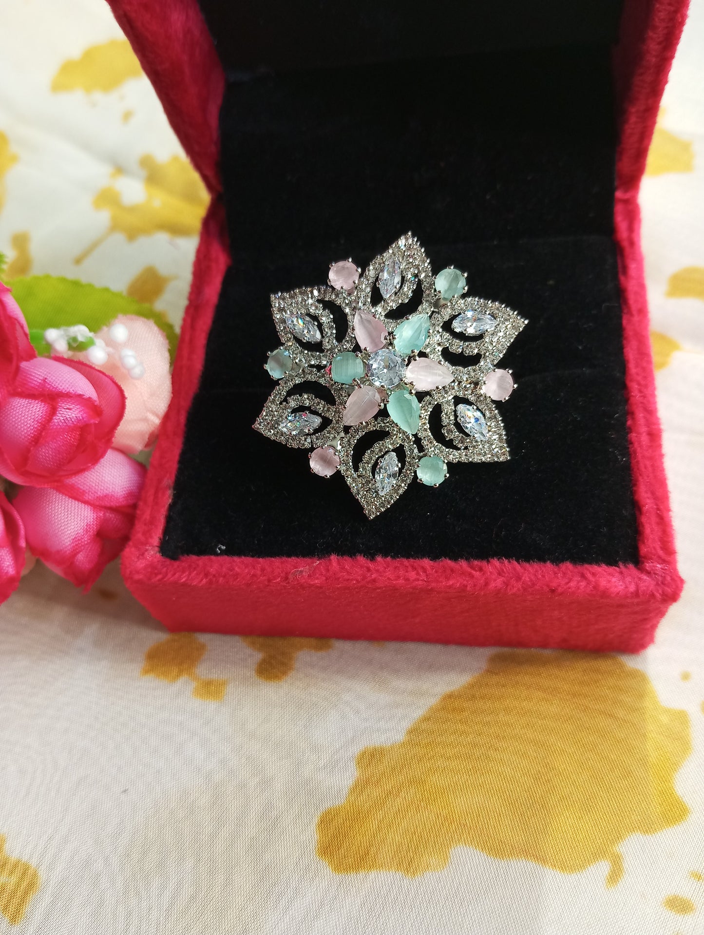Adjustable American Diamond Unique Cocktail Ring- Pink and Mint Green Pastel Colors