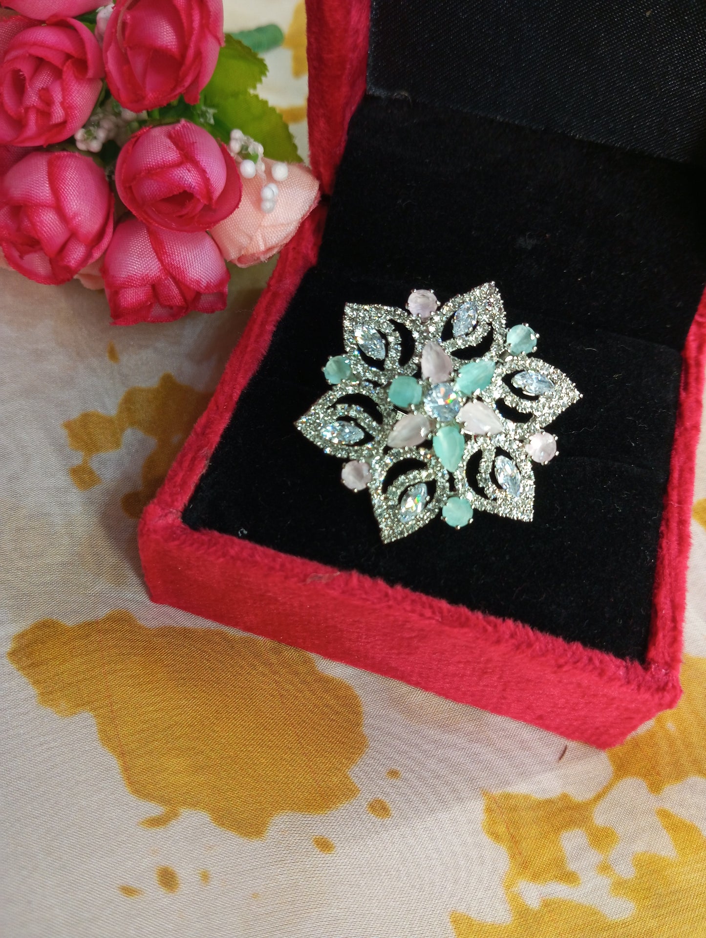 Adjustable American Diamond Unique Cocktail Ring- Pink and Mint Green Pastel Colors