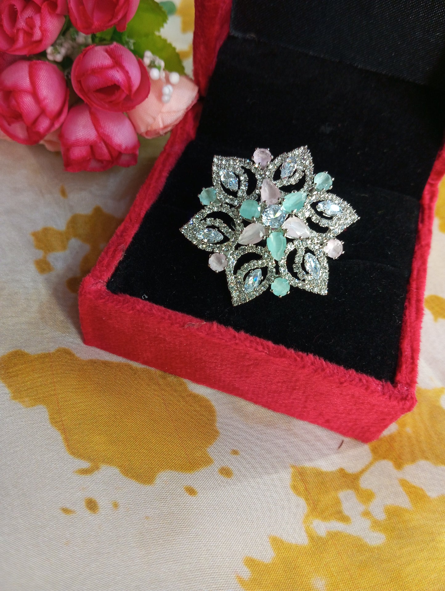 Adjustable American Diamond Unique Cocktail Ring- Pink and Mint Green Pastel Colors