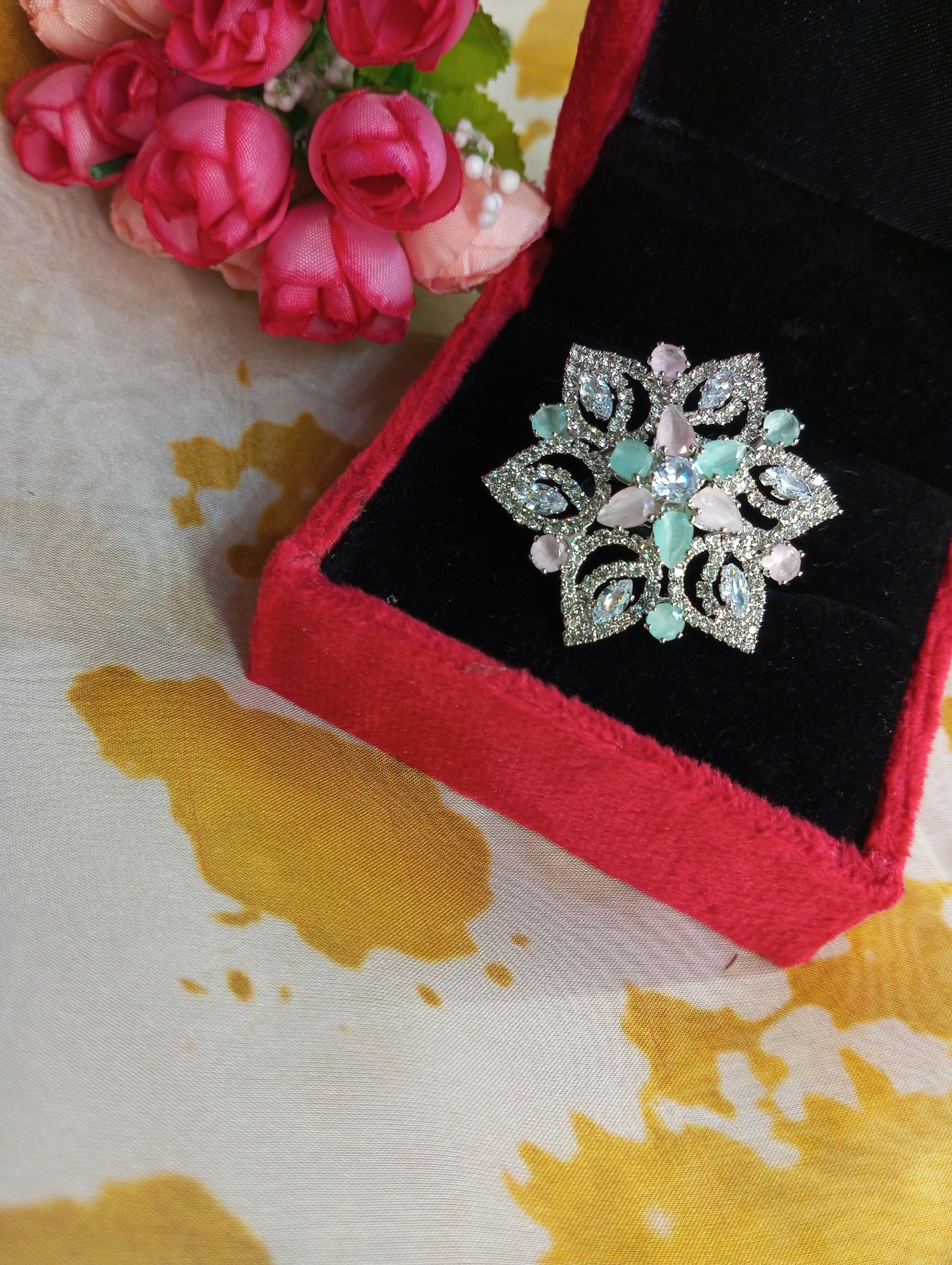 Adjustable American Diamond Unique Cocktail Ring- Pink and Mint Green Pastel Colors