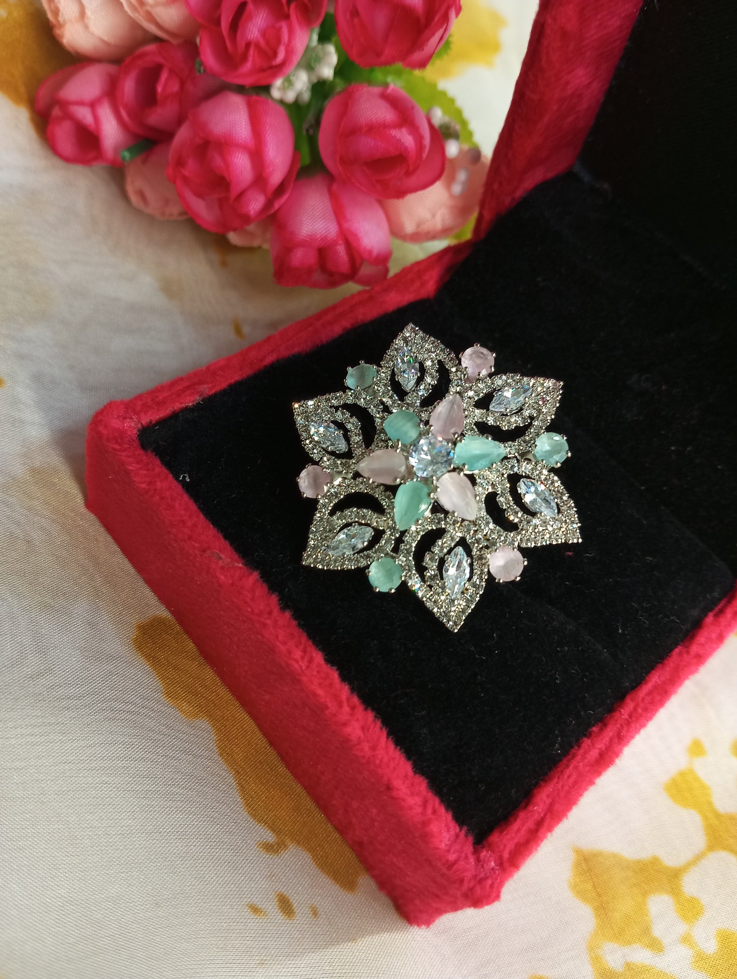 Adjustable American Diamond Unique Cocktail Ring- Pink and Mint Green Pastel Colors