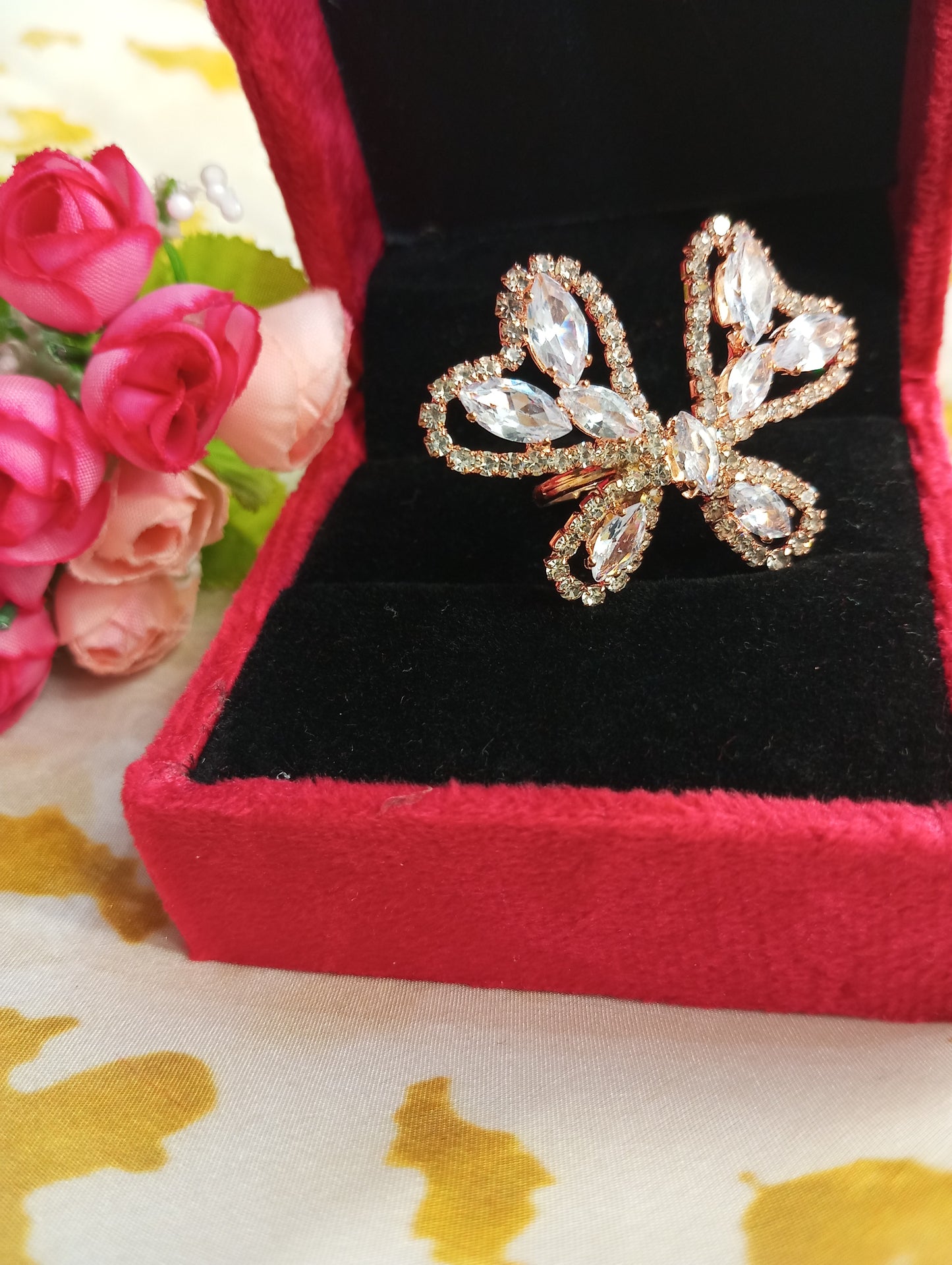 Adjustable CZ studded Rose Gold Butterfly Ring