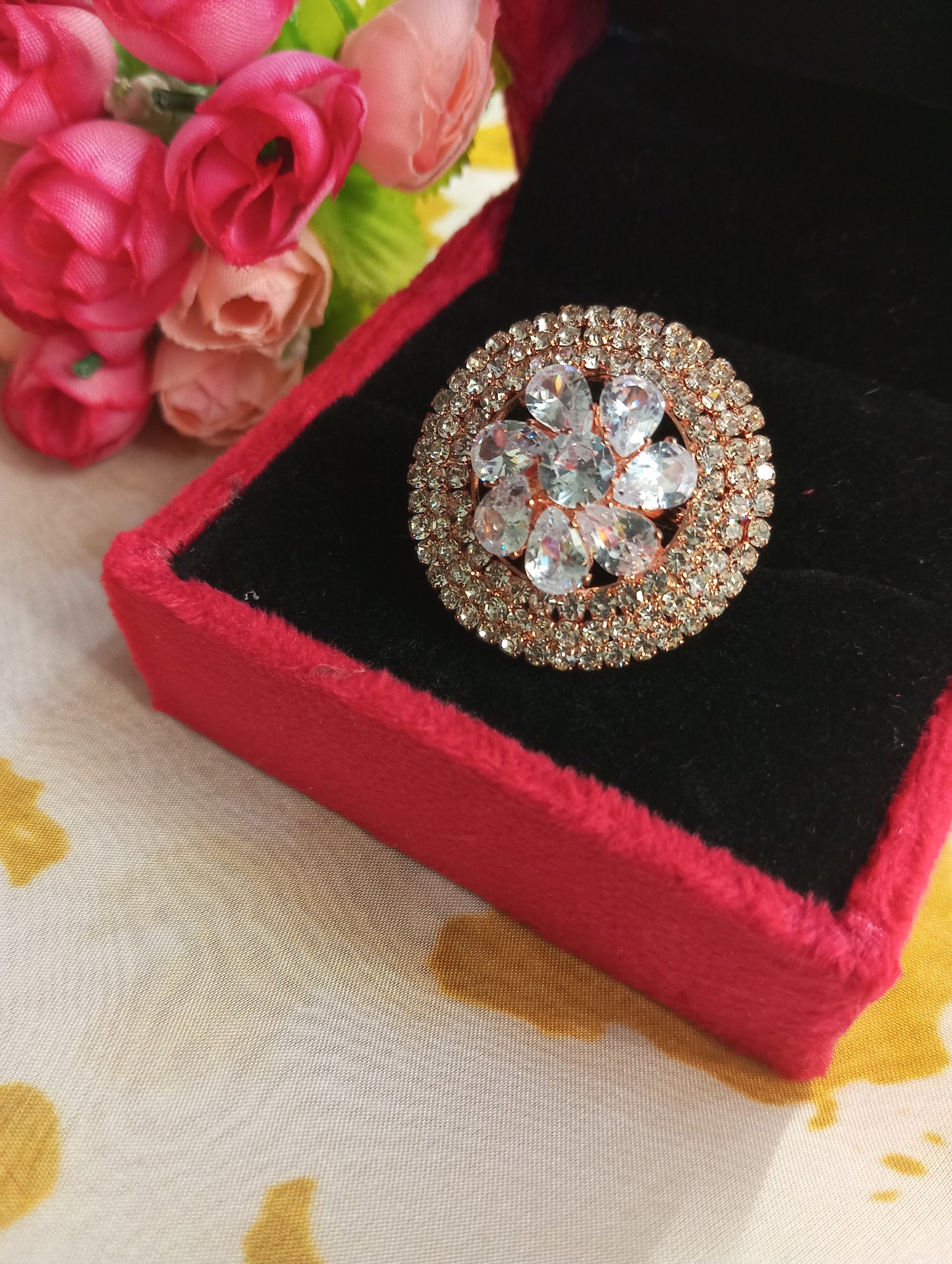 CZ Studded Adjustable Cocktail Ring- Rose Gold Touch