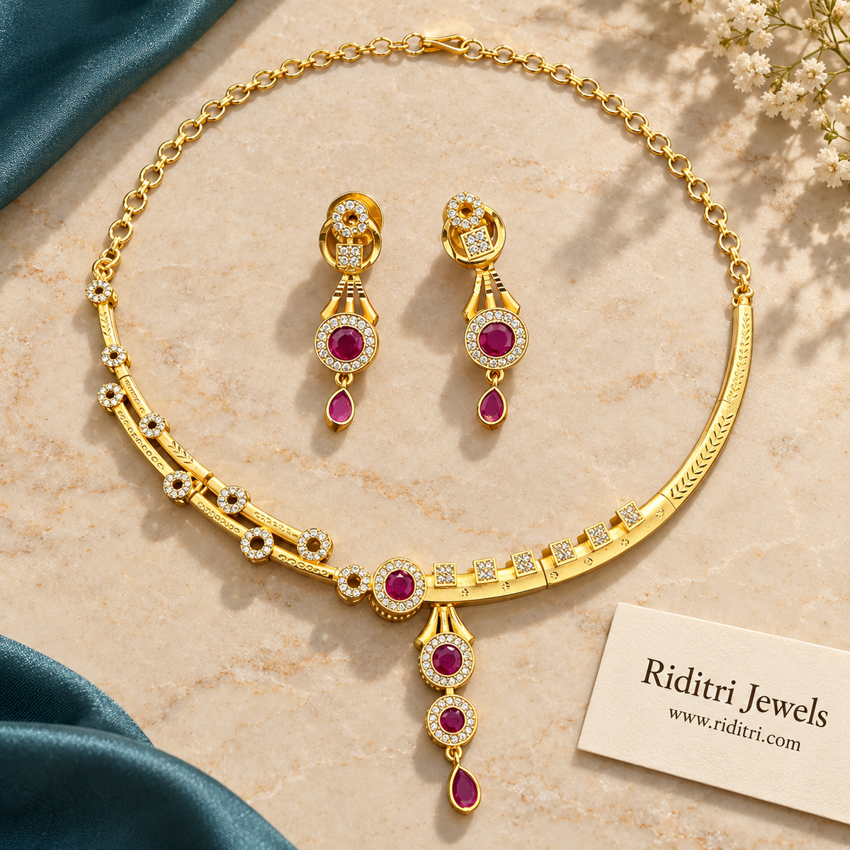 Meher Gold Plated AD Necklace Set – Ruby Red