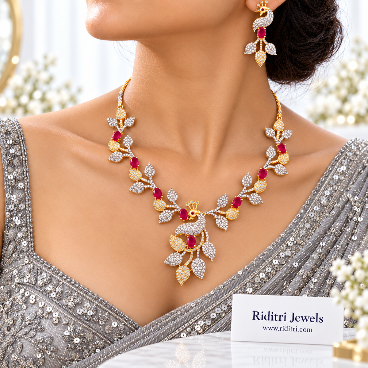 Ruby red AD peacock earrings with silver and gold leaf drops