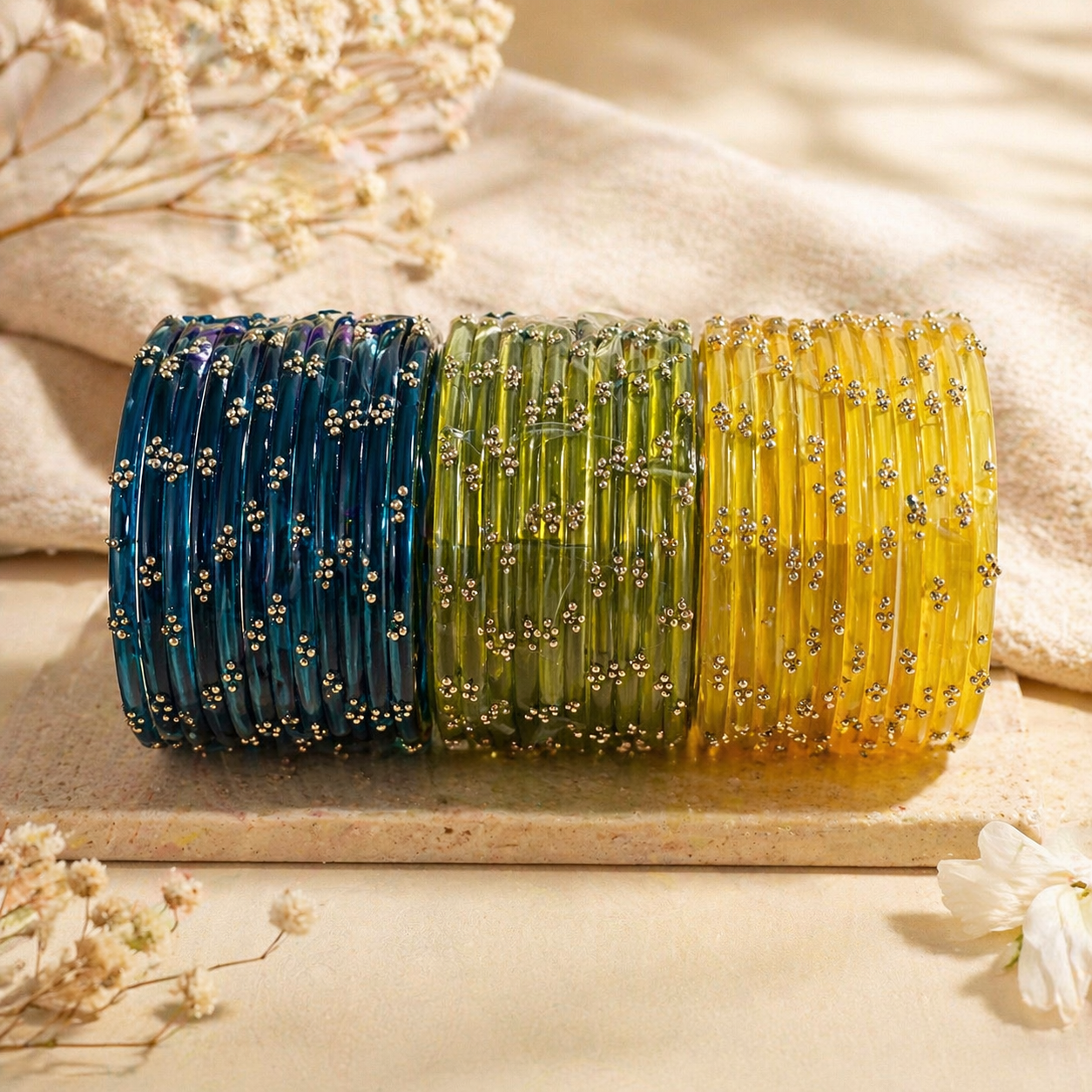 Raindrop Glass Bangles Set-RDT_YLG