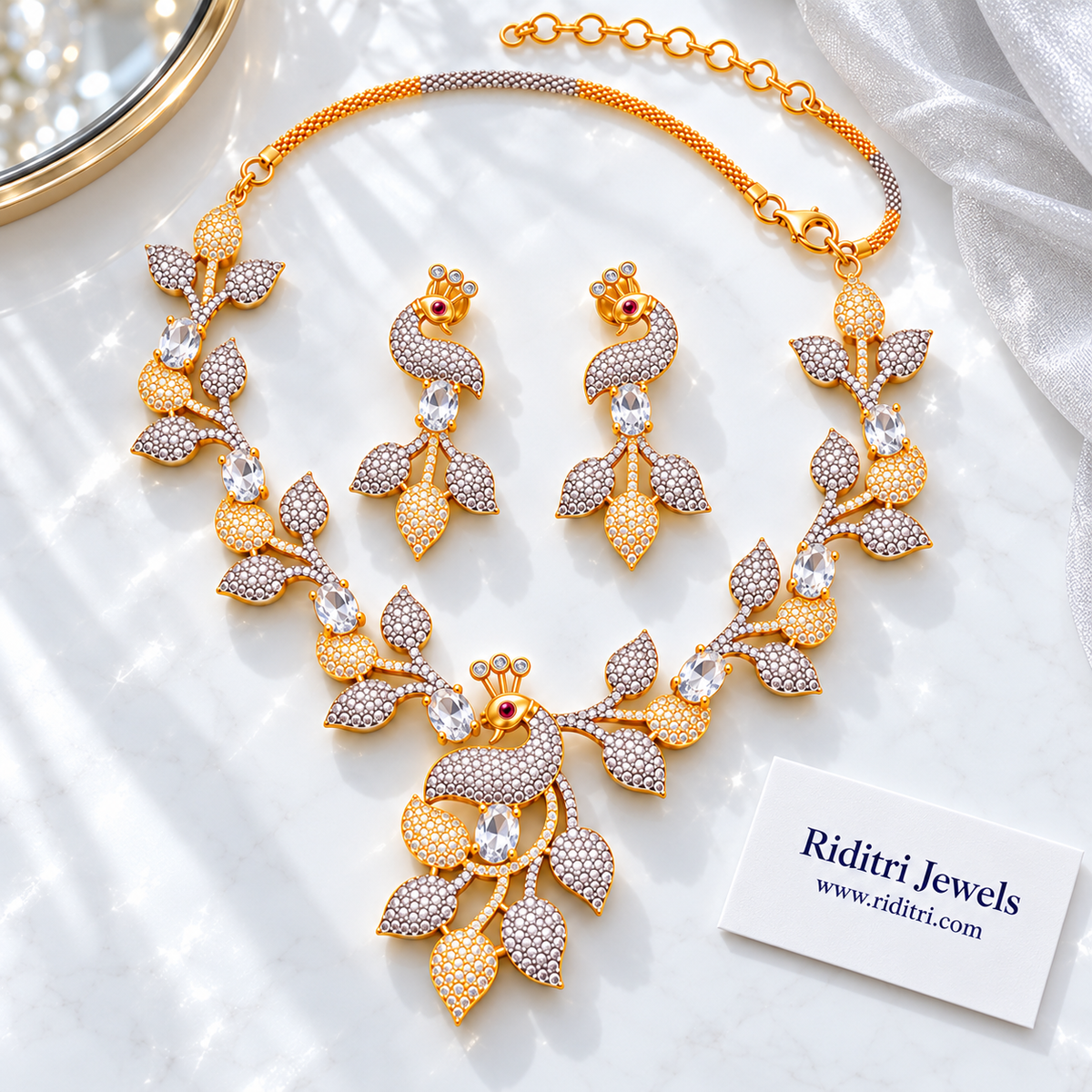 Close view of all-white AD peacock necklace with silver and gold leaves