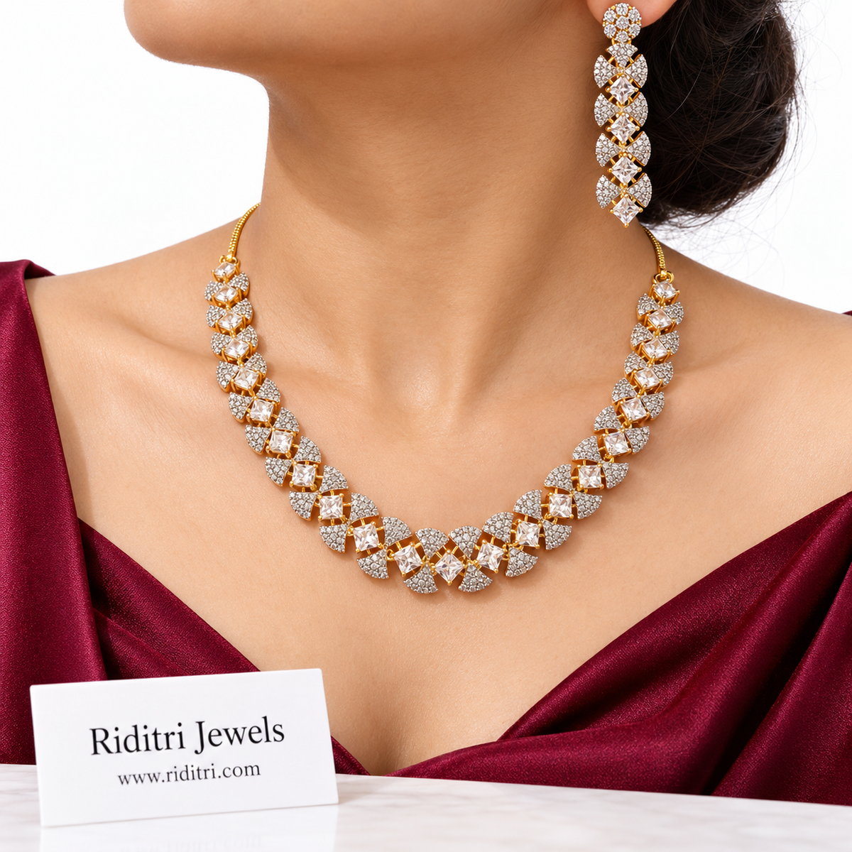 Long white AD drop earrings with flower stud and princess-cut stones