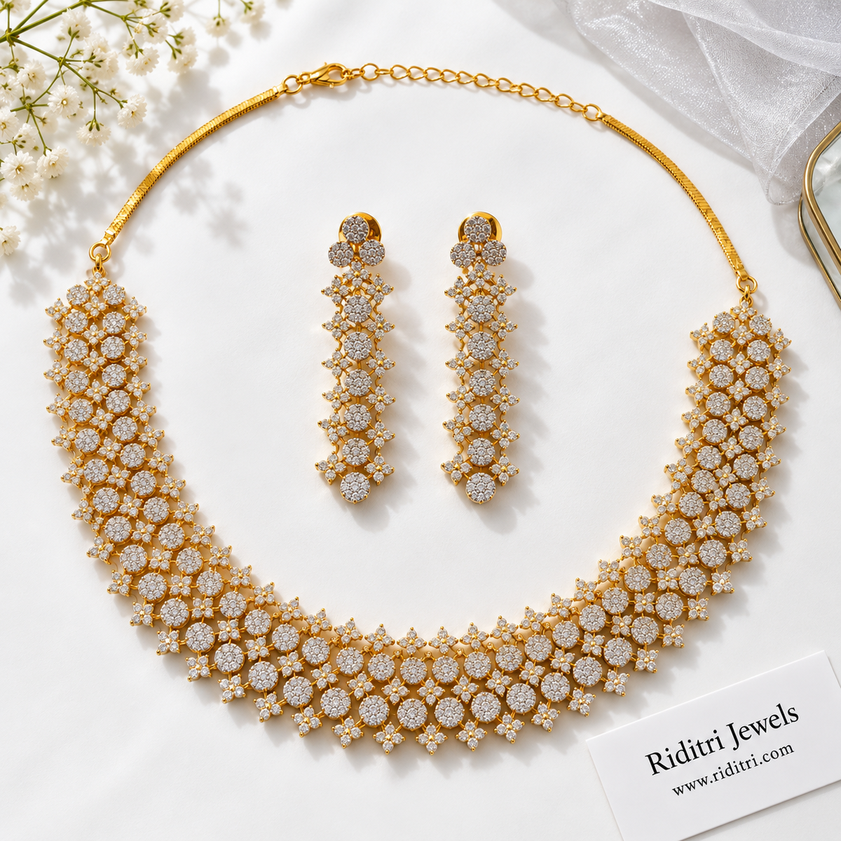 Long white cluster AD earrings with round stone clusters and flower stones