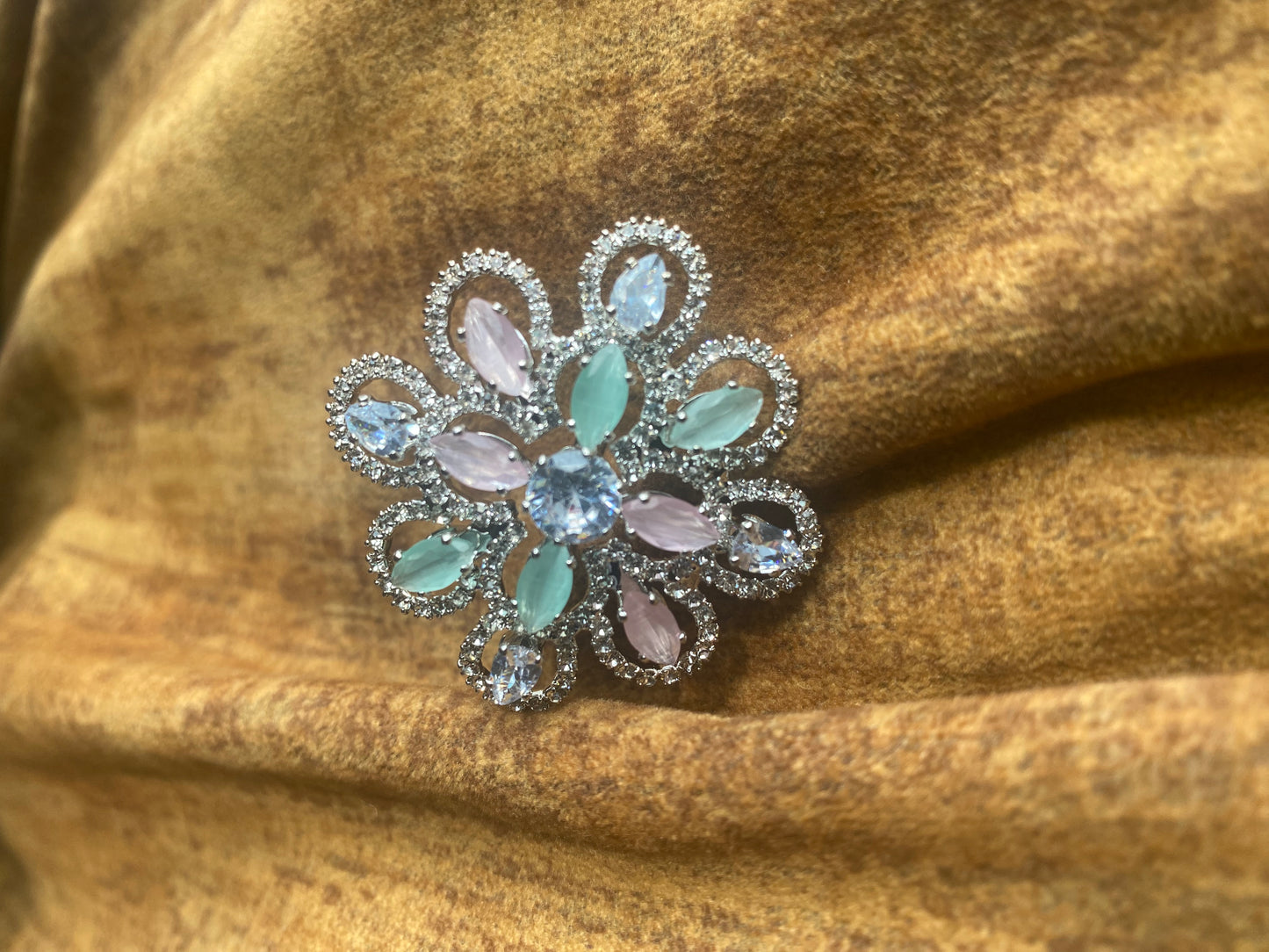 Adjustable American Diamond Cocktail Ring- Pink and Mint Green Pastel Colors with Silver Touch Medium Size