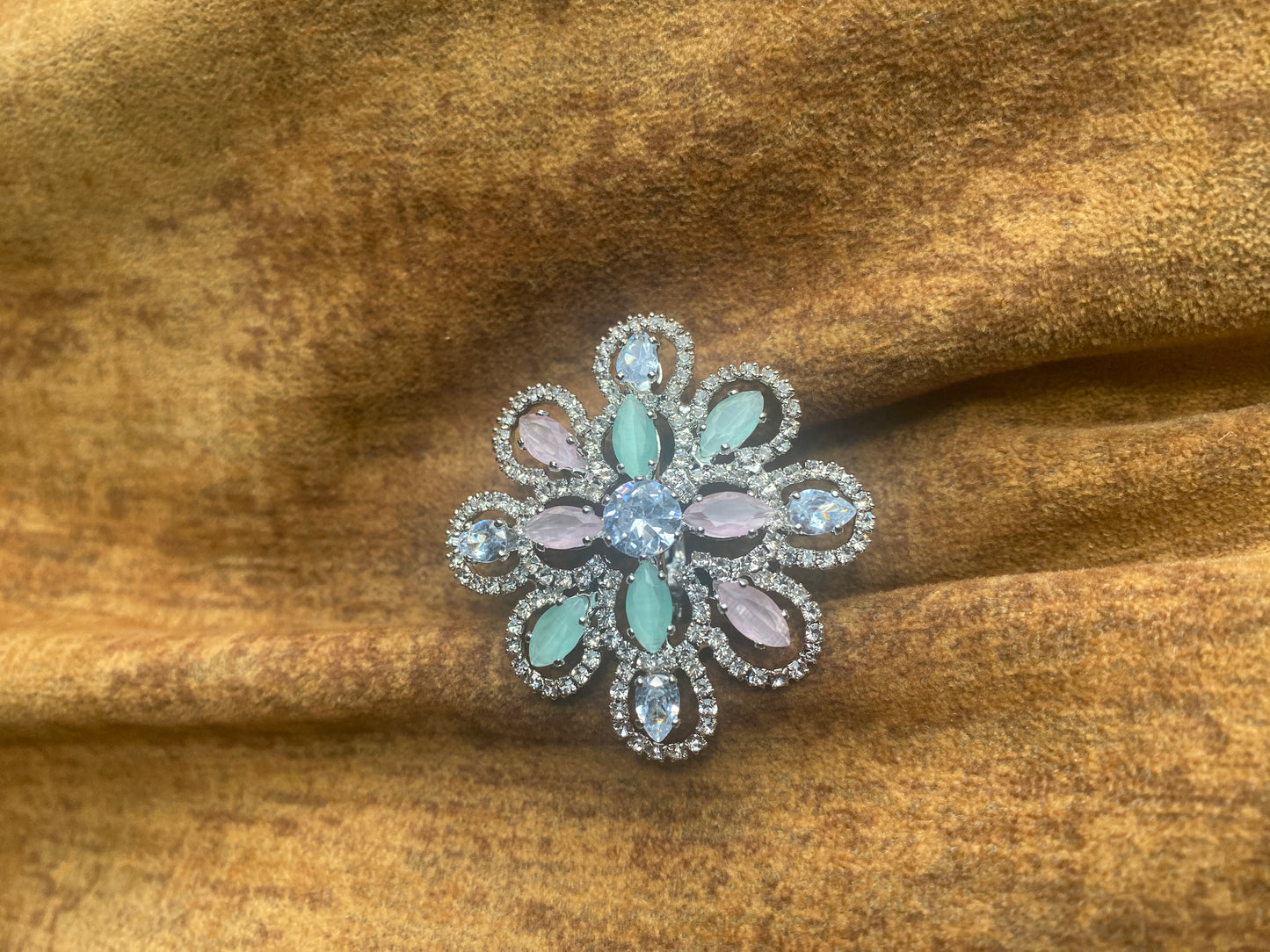 Adjustable American Diamond Cocktail Ring- Pink and Mint Green Pastel Colors with Silver Touch Medium Size