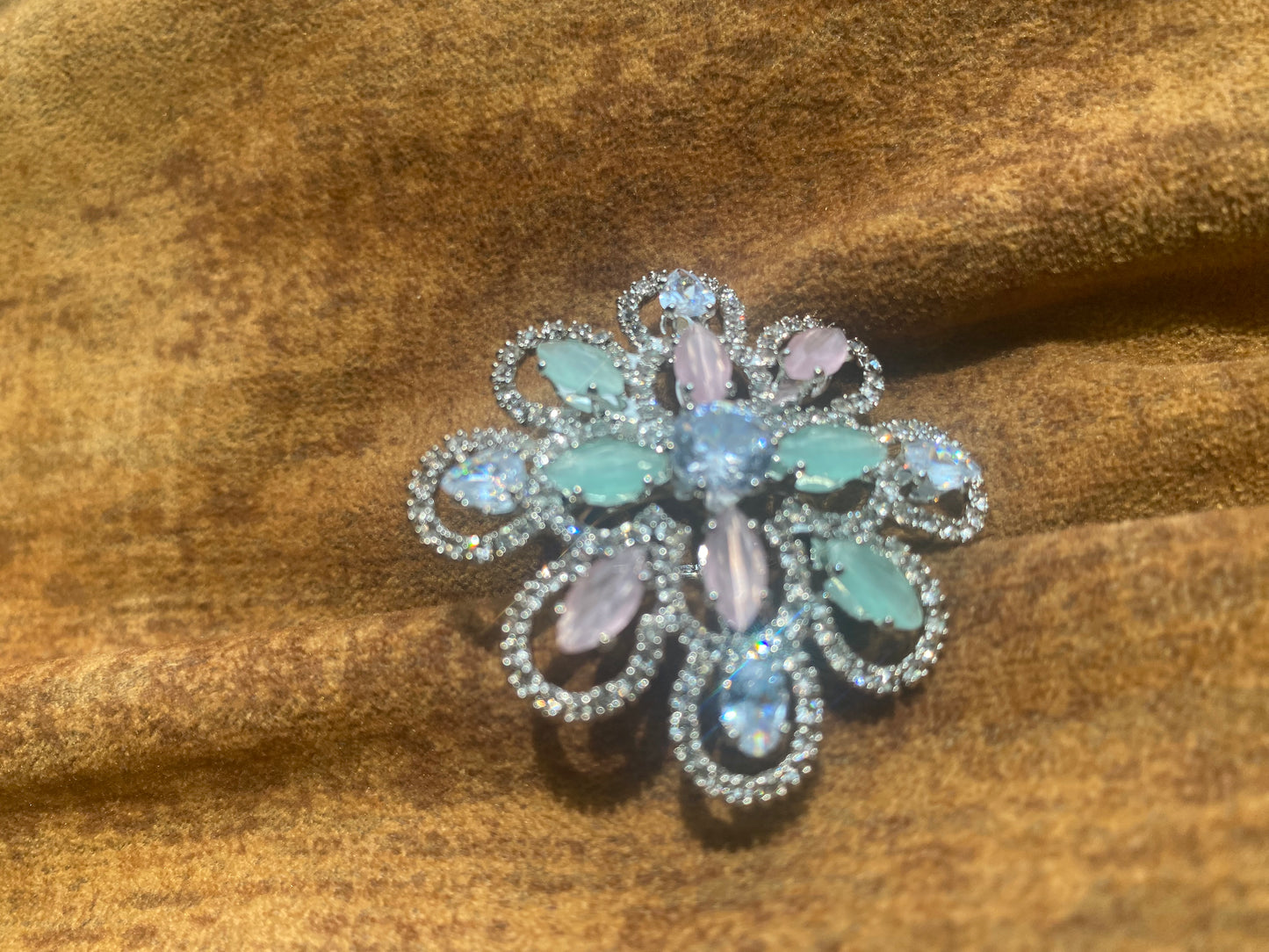 Adjustable American Diamond Cocktail Ring- Pink and Mint Green Pastel Colors with Silver Touch Medium Size