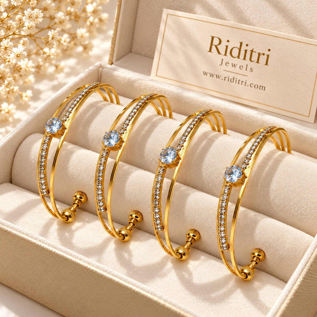 Stackable adjustable bracelet set of 4 with blue stone for party and office wear