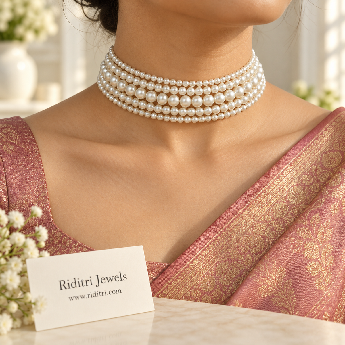 Shweta Layered Pearl Choker Set with Earrings – White