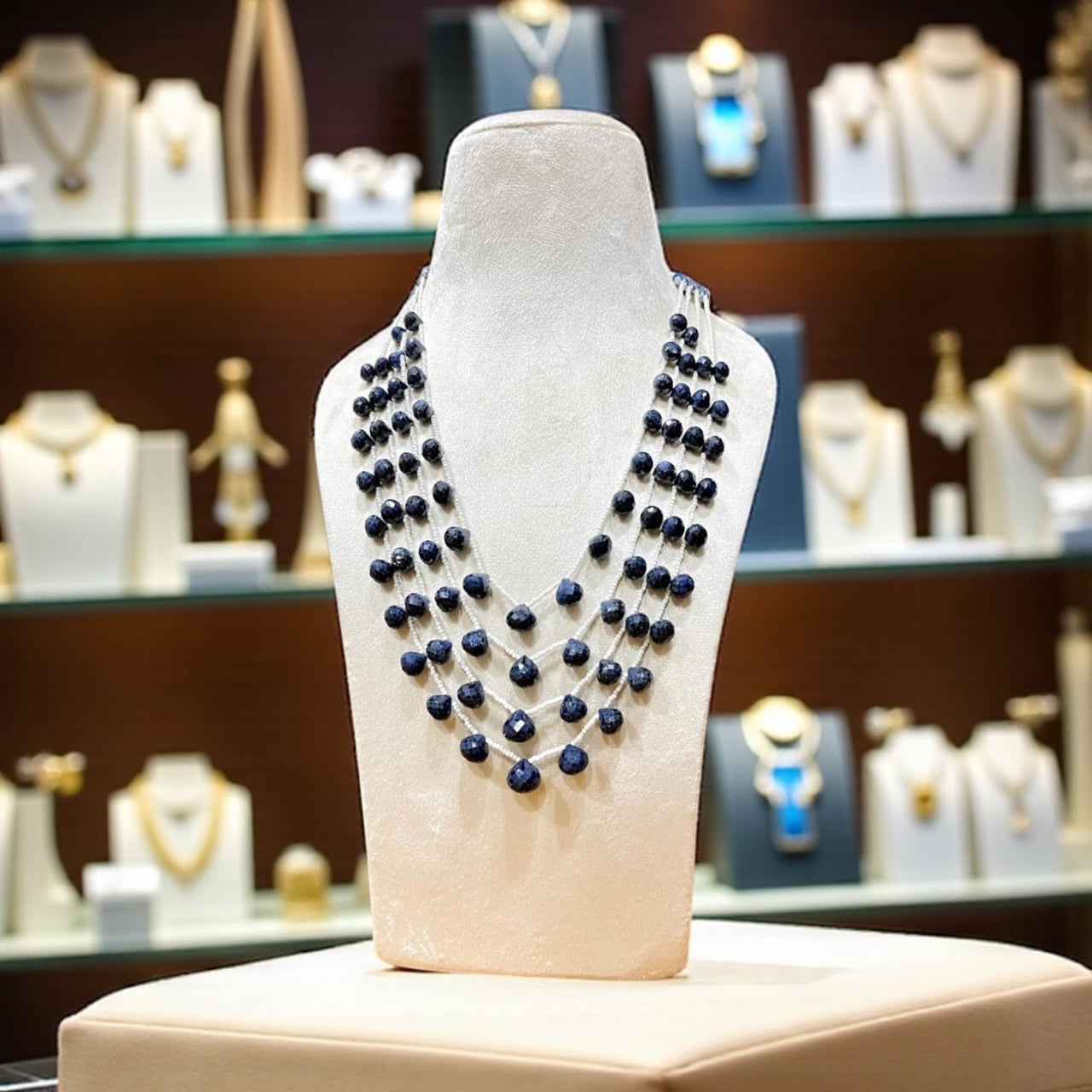 Natural Blue Sapphire Corundum Faceted Beads Necklace