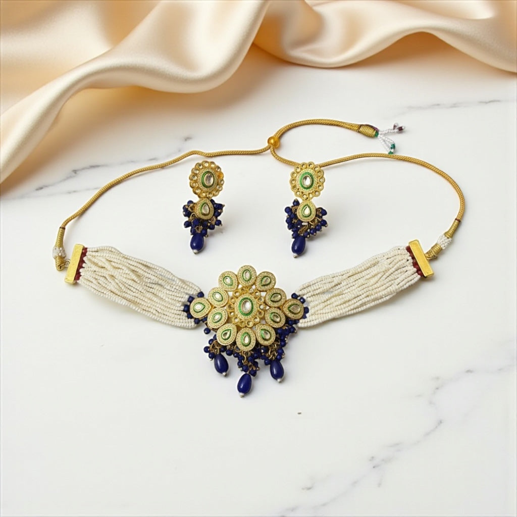 Flourish Kundan Blue Choker Necklace
