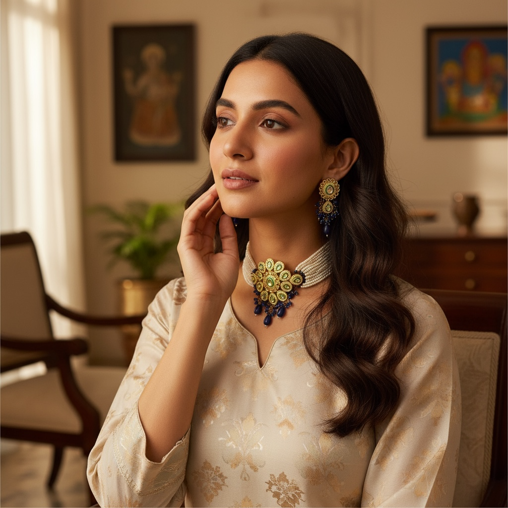 Flourish Kundan Blue Choker Necklace