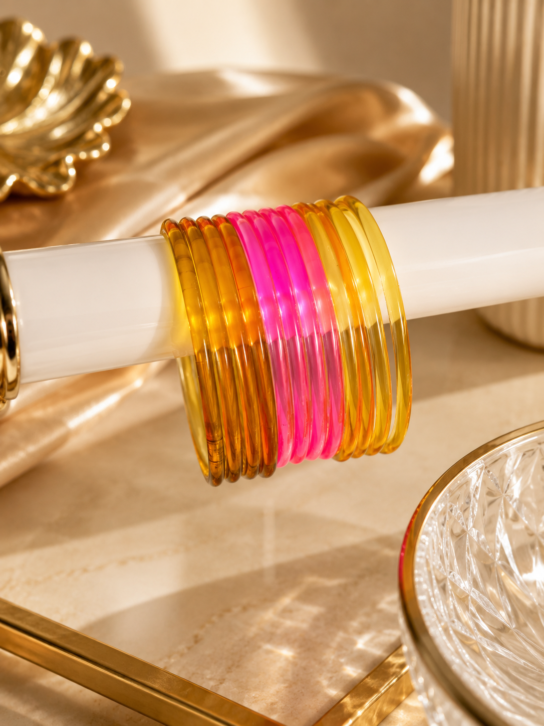 Viral Jelly Glass Bangles-Pink Olive Set