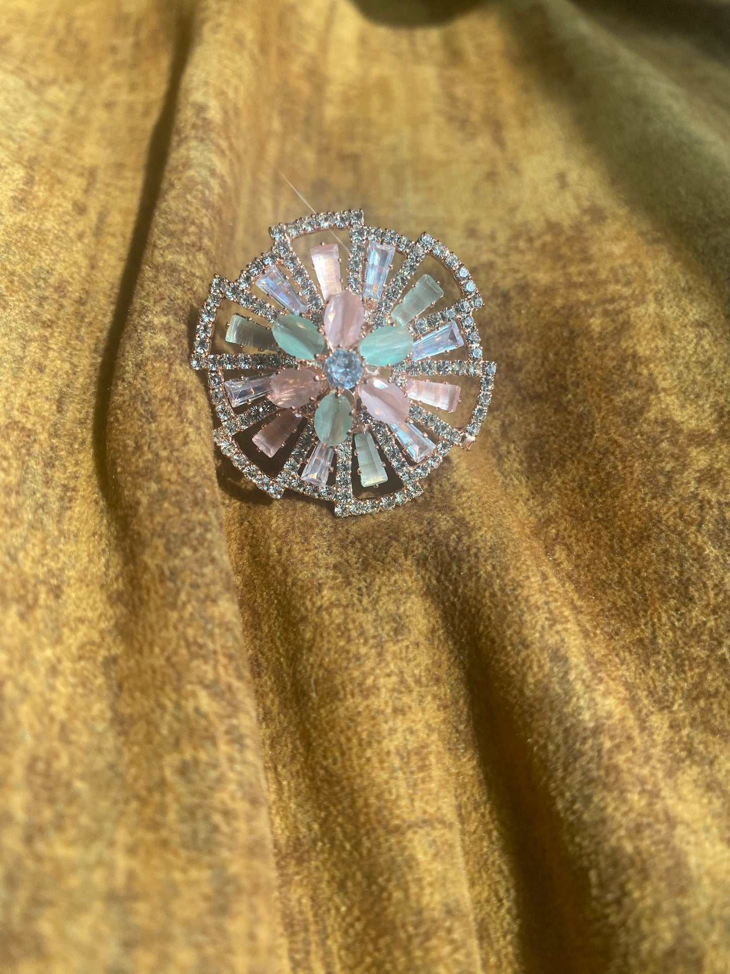 Adjustable American Diamond Ring- Pink and Mint Green Pastel Colors Medium Size