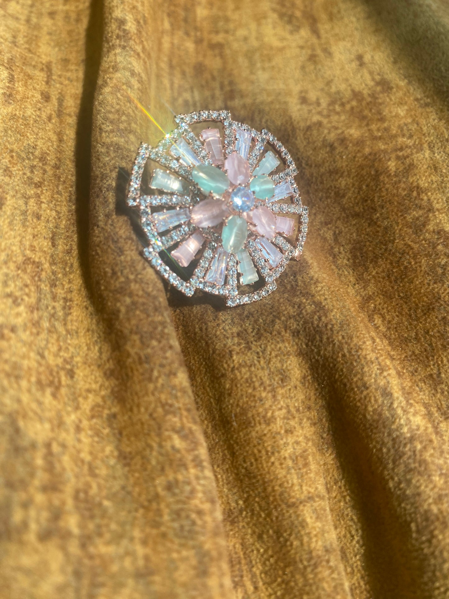 Adjustable American Diamond Ring- Pink and Mint Green Pastel Colors Medium Size