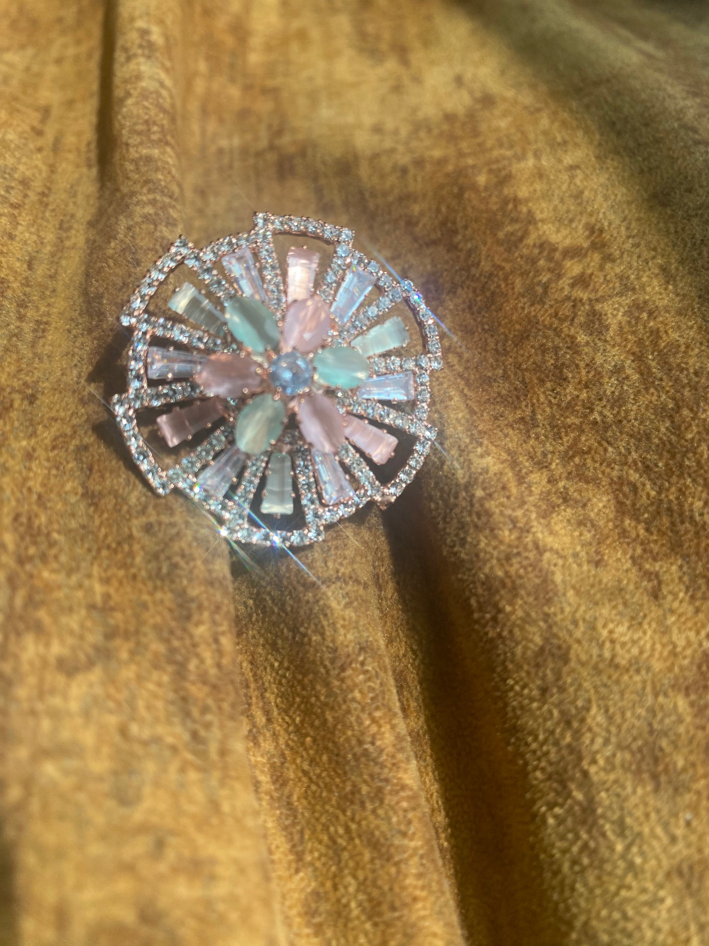 Adjustable American Diamond Ring- Pink and Mint Green Pastel Colors Medium Size