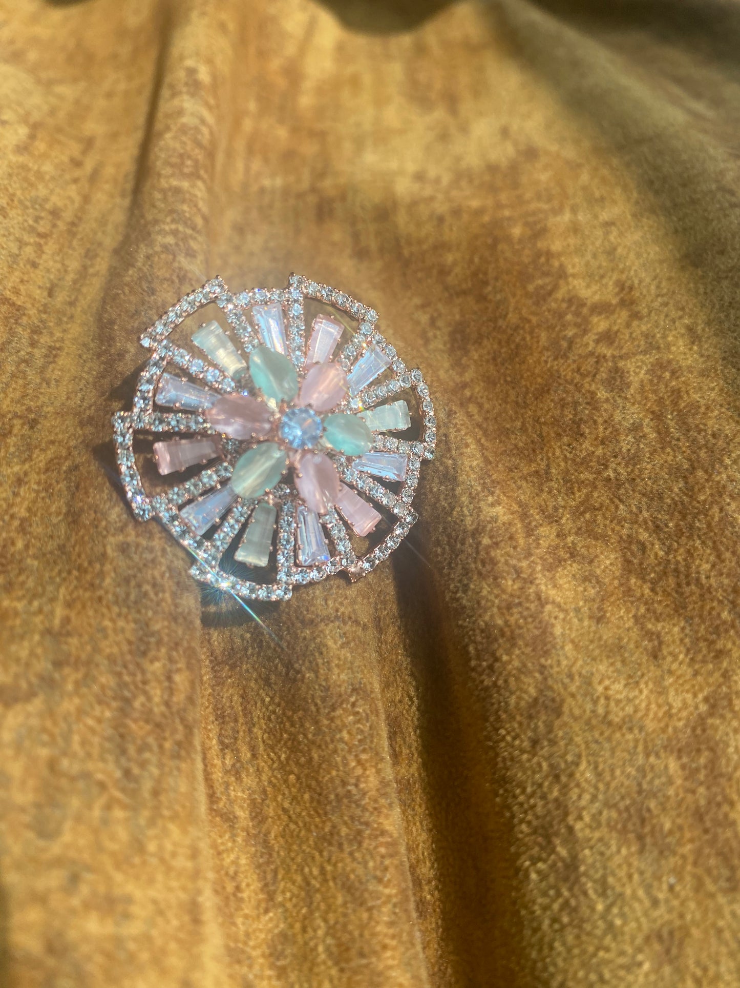 Adjustable American Diamond Ring- Pink and Mint Green Pastel Colors Medium Size