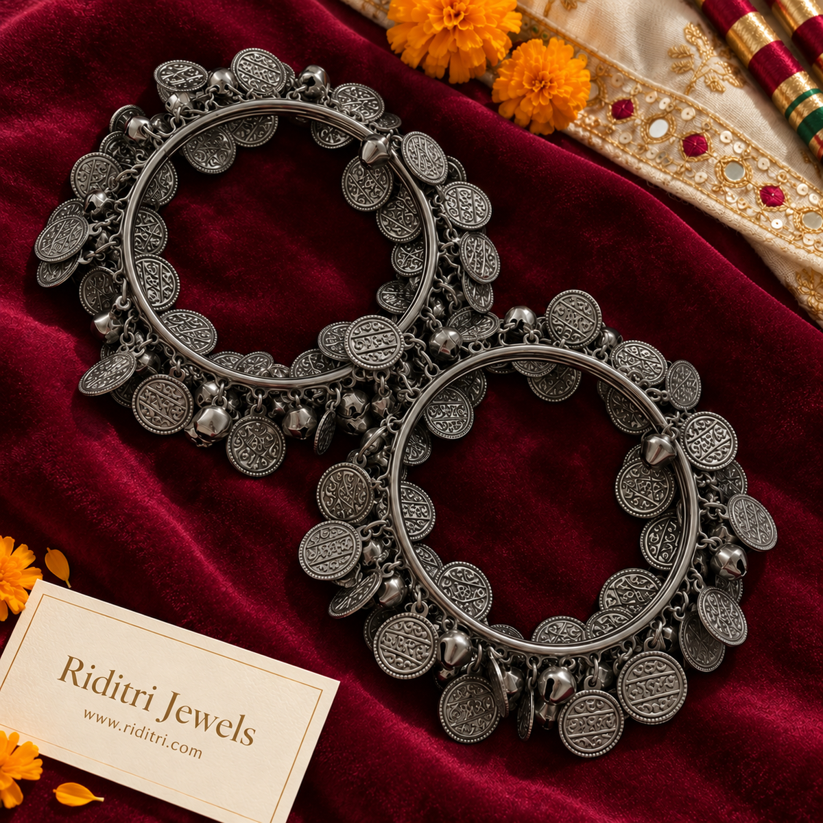 Oxidised Grey Ghungru Bangles